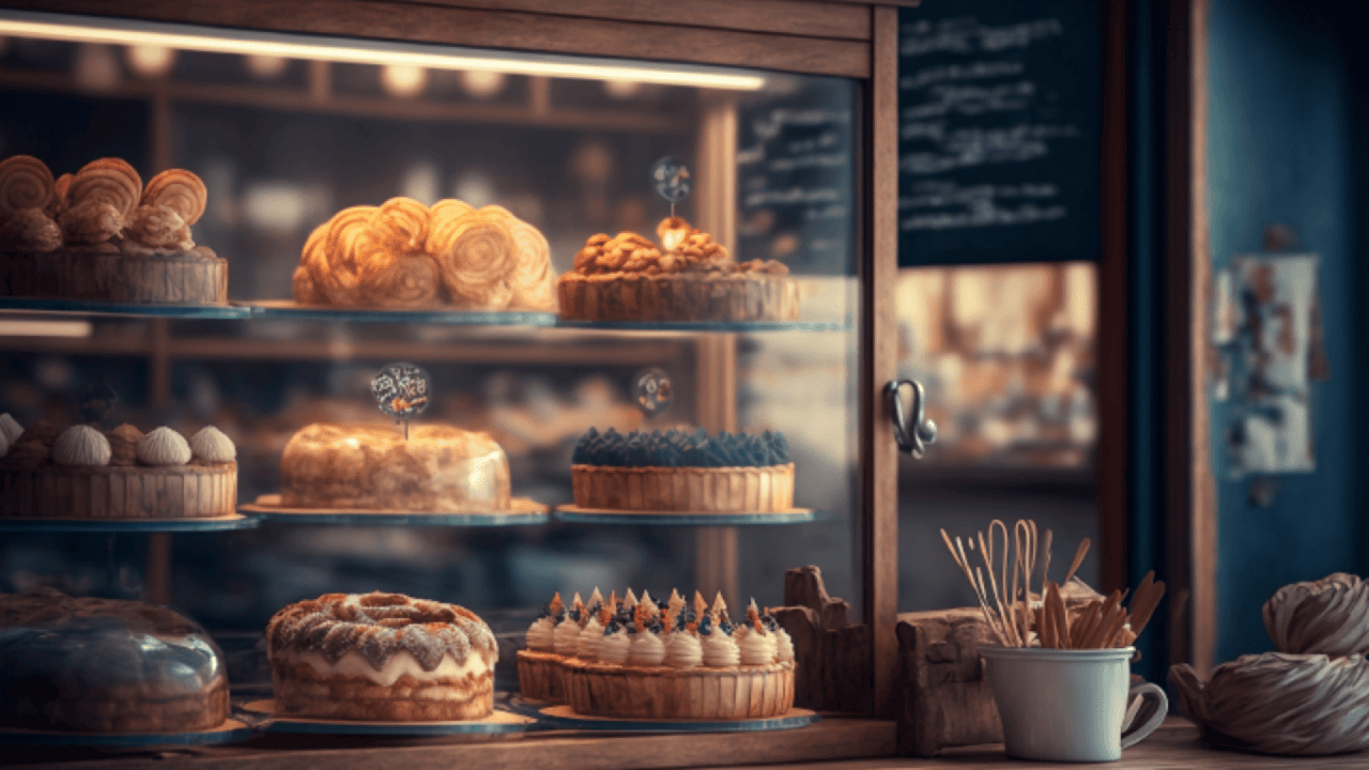 Eine Bäckereivitrine mit einer Auswahl an Kuchen und Gebäck, darunter Torten, Napfkuchen und Windbeutel. Holzutensilien und Servietten sind in einer Tasse daneben angeordnet und schaffen eine gemütliche Atmosphäre.