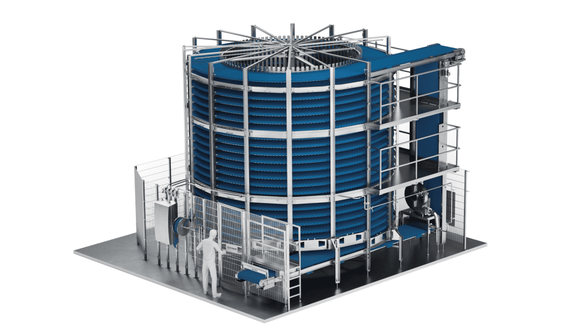 A large industrial spiral conveyor system with blue conveyor belts is shown, featuring multiple levels and a human figure nearby for scale. The structure is metallic with supporting frames and machinery components.