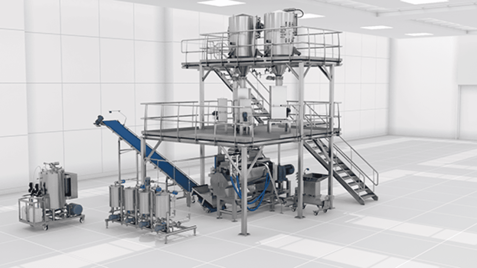 Eine moderne industrielle Verarbeitungsmaschine mit mehreren Tanks, Förderbändern und Rohren in einem geräumigen, hellen und sauberen Fabrikraum mit gefliesten Böden und weißen Wänden.