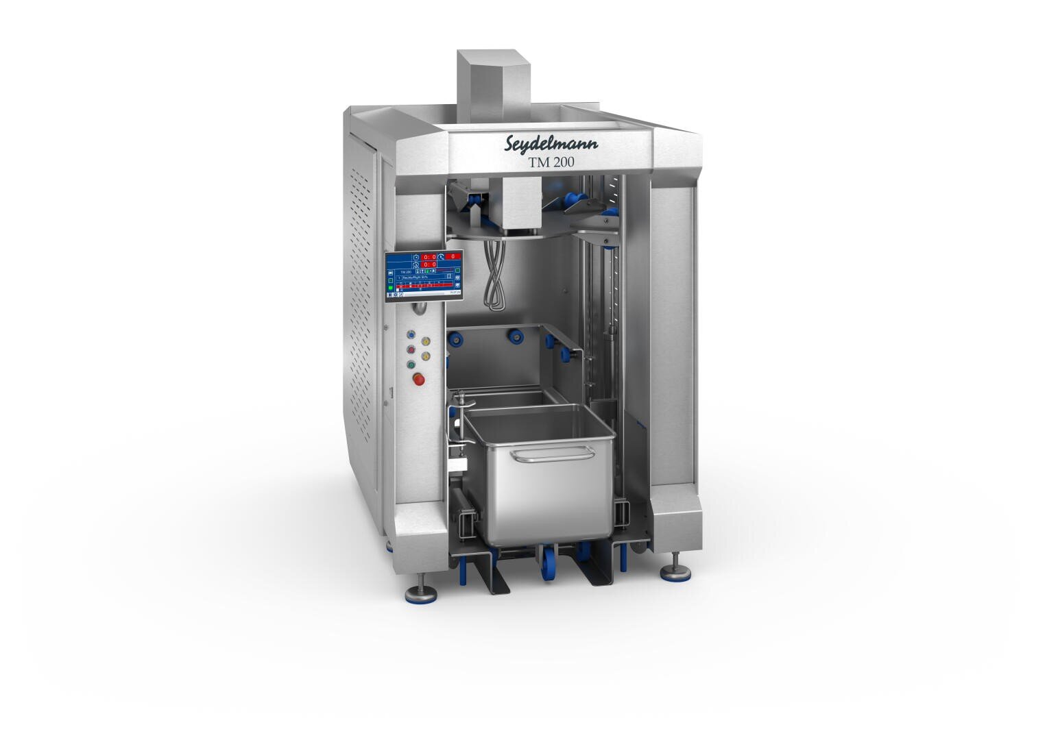 Eine große industrielle Lebensmittelverarbeitungsmaschine aus Edelstahl mit der Bezeichnung Seydelmann TM 200, einem Bedienfeld an der Seite und einem Metallbehälter unter der Hauptkammer.