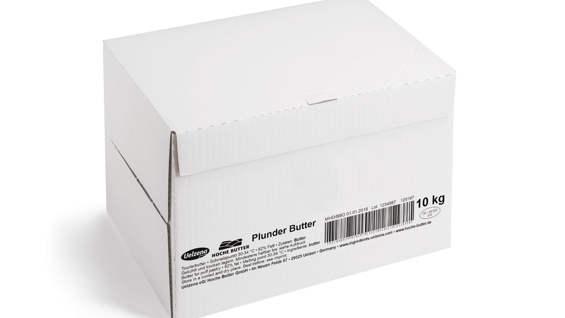 Eine geschlossene weiße Pappschachtel mit der Aufschrift Plunder Butter, einem Strichcode, einem Gewicht von 10 kg und Markeninformationen auf der Seite.