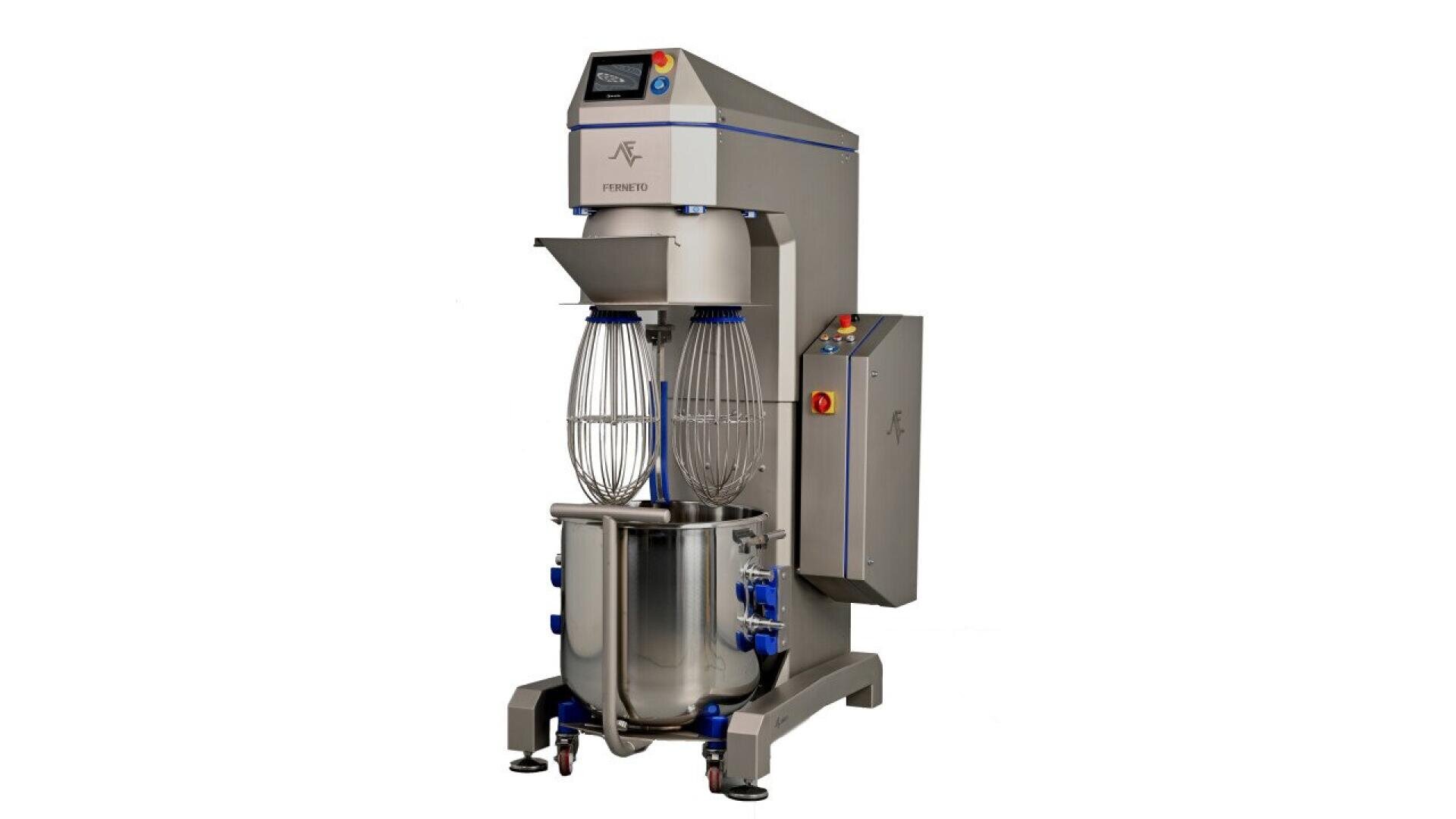 Ein großer industrieller Standmixer mit einer Metallschüssel, Schneebesenaufsätzen und einem Bedienfeld, der für die gewerbliche Lebensmittelzubereitung konzipiert ist.