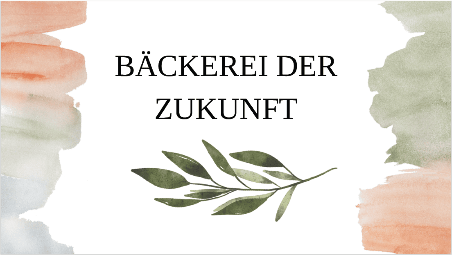 Watercolor-style background with soft green, orange, and blue brush strokes. In the center, black text reads BÄCKEREI DER ZUKUNFT above a green leafy branch illustration.