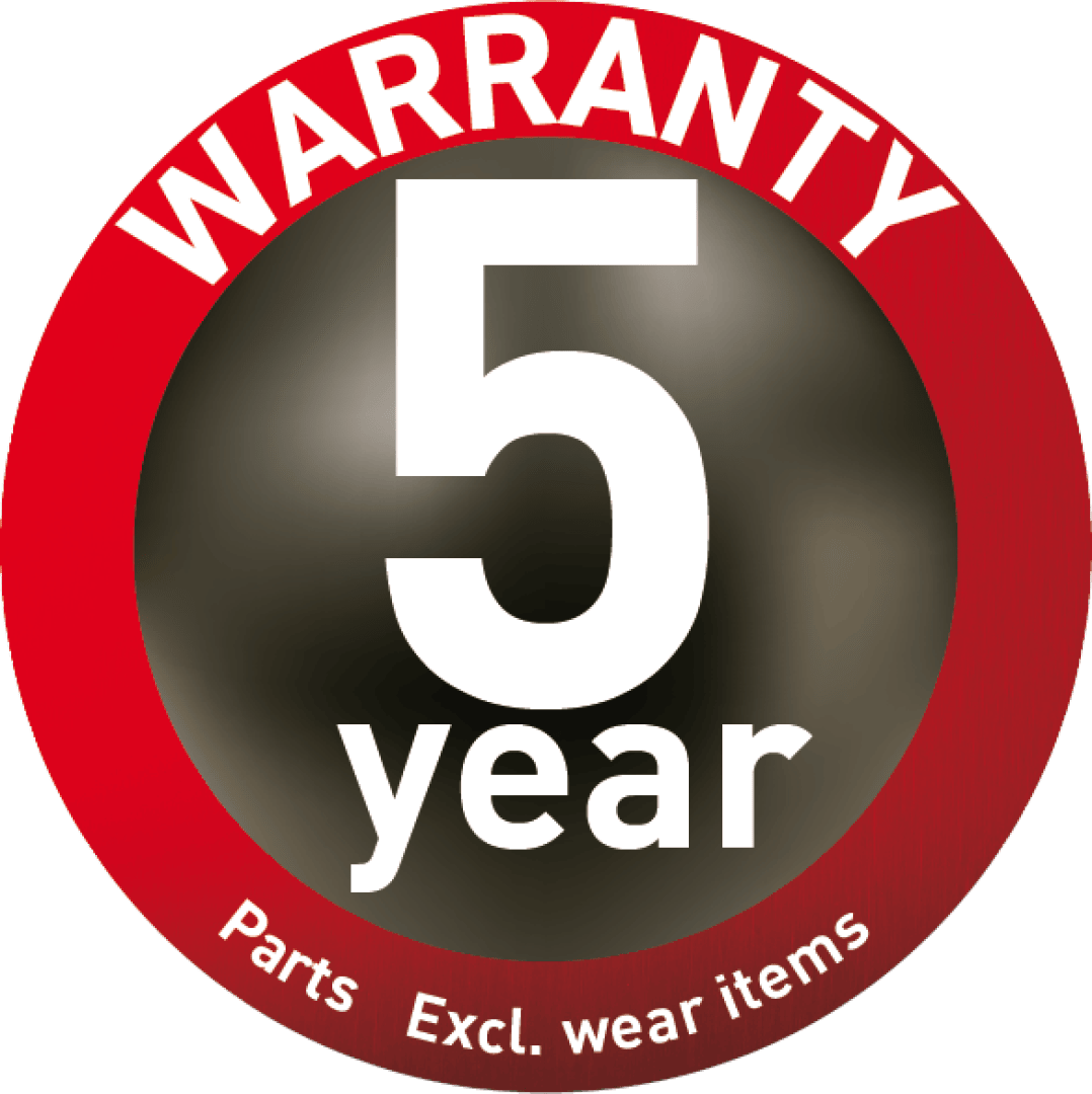 Red and black circular badge with the text WARRANTY 5 year in white letters. The bottom edge shows Parts Excl. wear items in smaller white text.