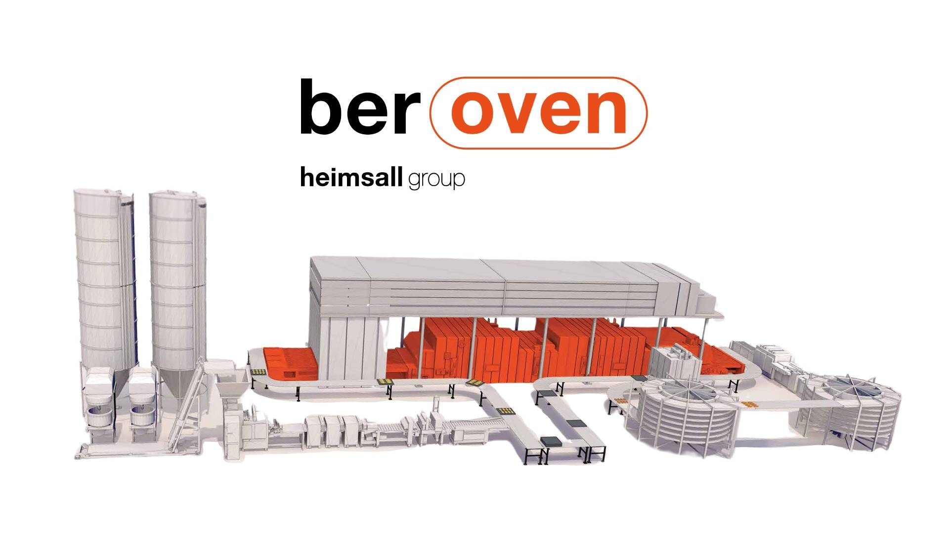 A 3D-rendered industrial facility with large cylindrical tanks, rectangular buildings, and complex machinery. The logo beroven and the text heimsall group appear above the structure.
