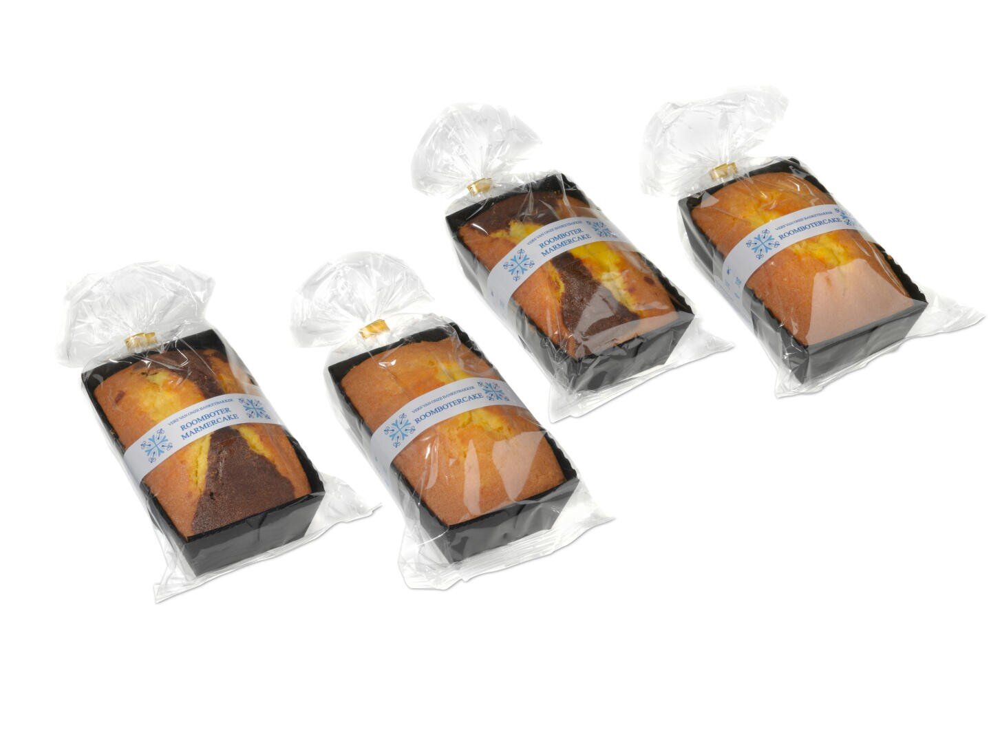 Four rectangular loaves of marble cake, each individually wrapped in clear plastic with a blue and white label, are arranged diagonally on a white background.