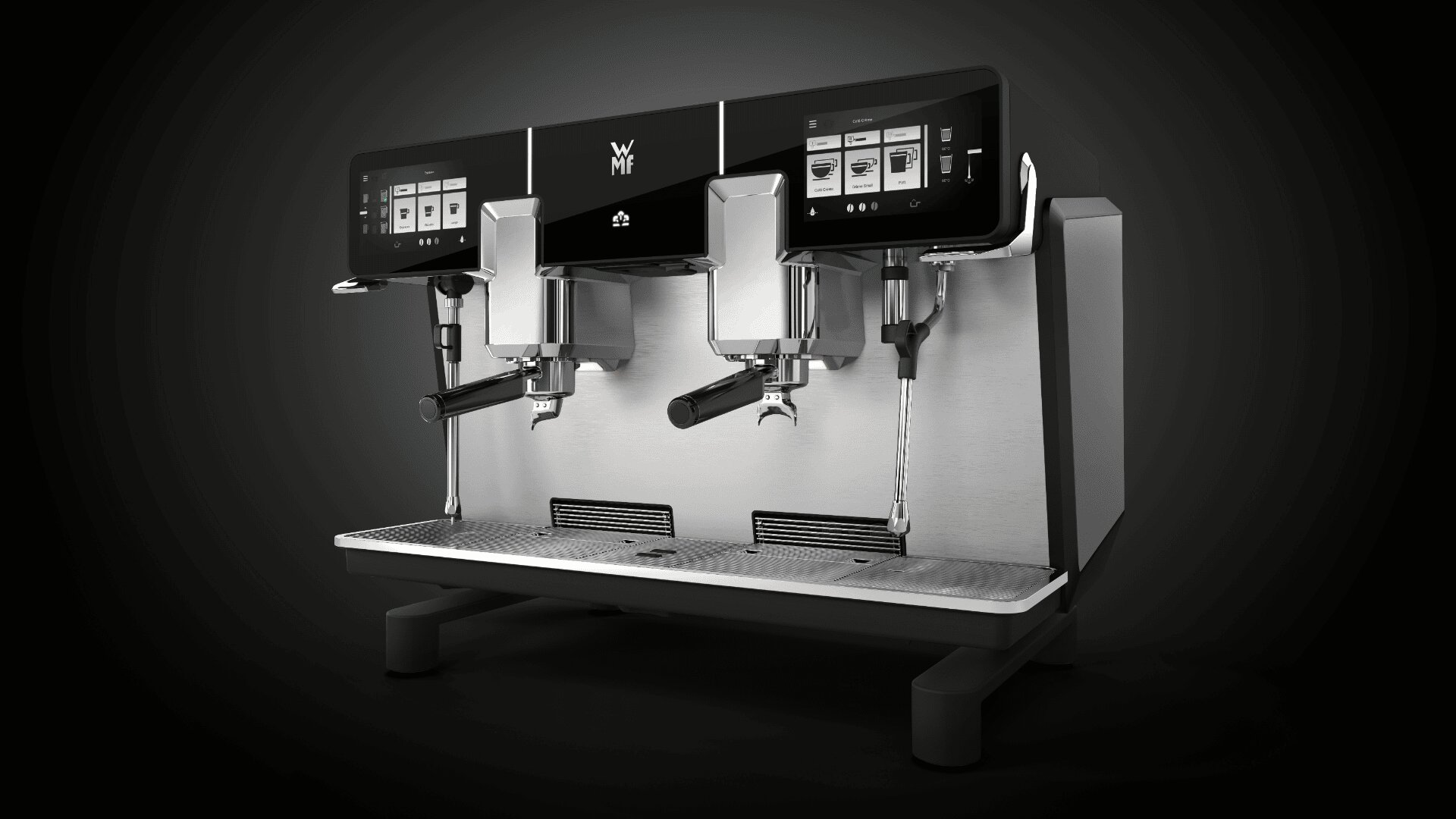 Eine elegante, moderne schwarz-silberne Zweigruppen-Espressomaschine mit digitalem Touchscreen und Dampfstäben vor einem Hintergrund mit dunklem Farbverlauf.