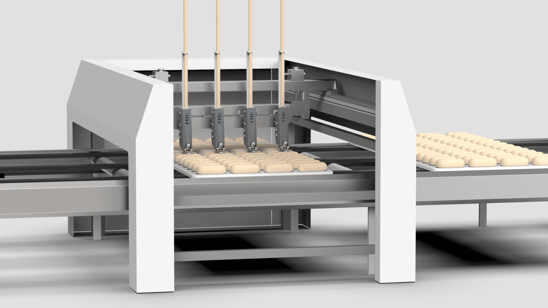 Eine moderne Industriemaschine legt Teigreihen auf ein Förderband und automatisiert so den Prozess der Formung oder Anordnung von Brot- oder Gebäckstücken in einer Produktionslinie.