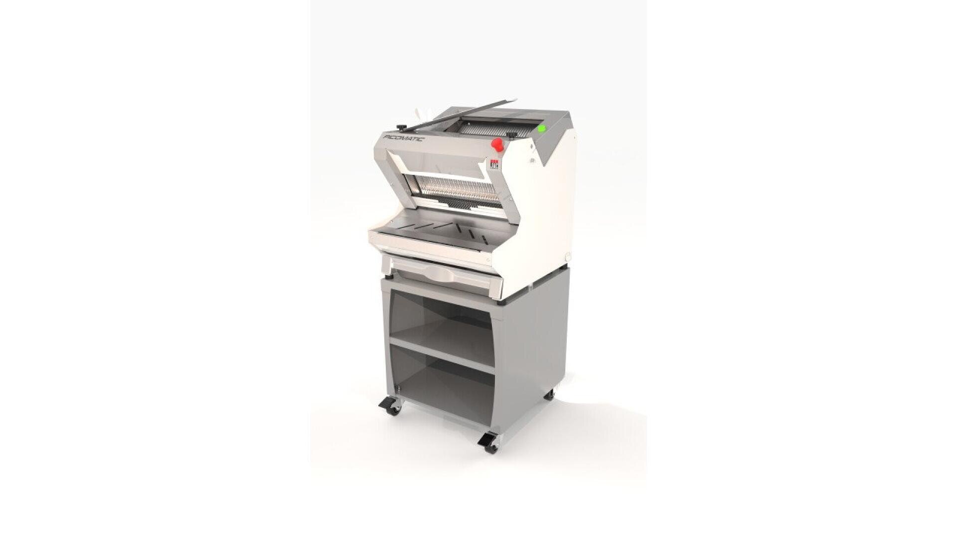A commercial bread slicer with a white top section, metal cutting blades, control buttons, and a grey stand with shelves and wheels, viewed at an angle on a white background.