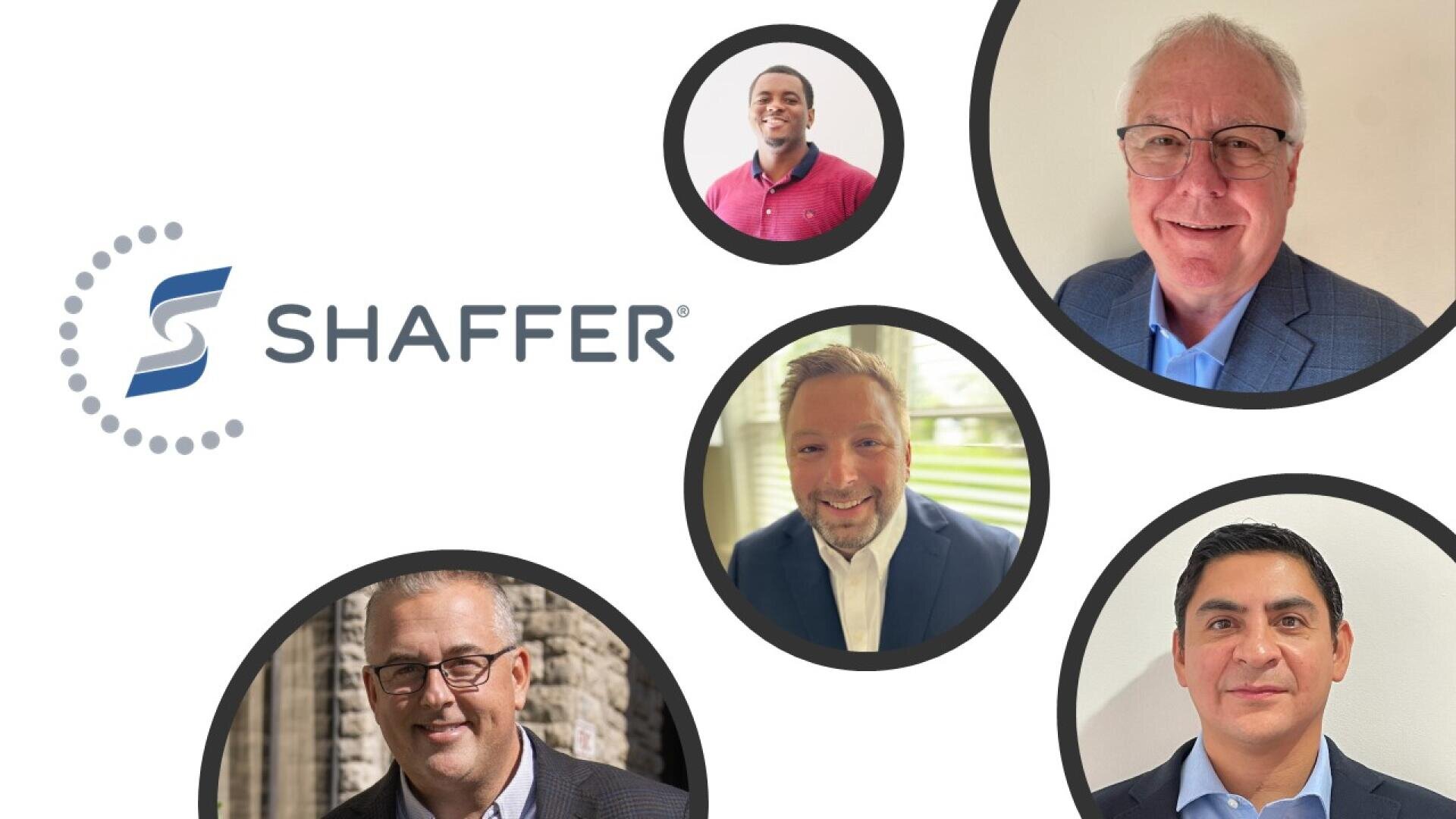 Five men in business attire are shown in circular frames on a white background next to the Shaffer logo. Four are smiling, and the logo with the word SHAFFER is prominently displayed on the left.