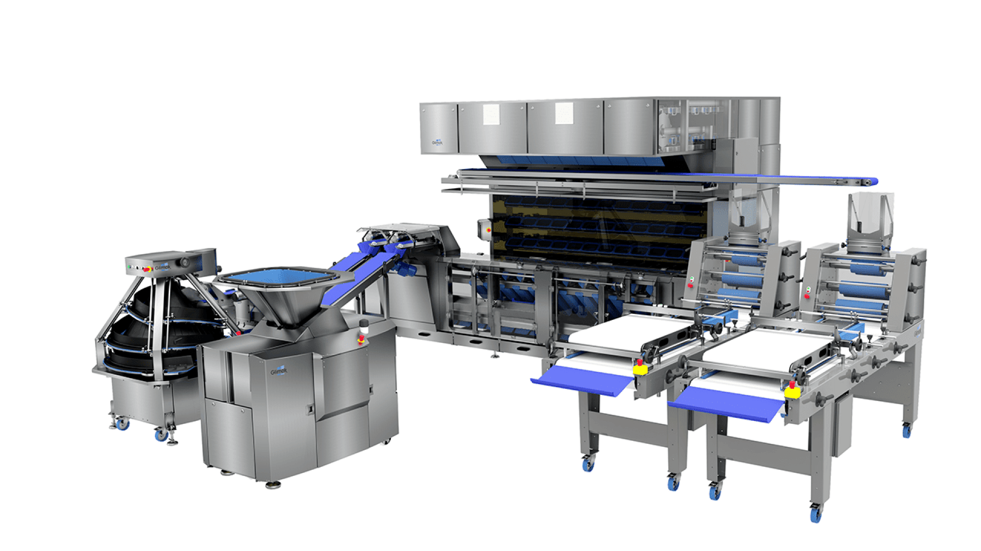 Eine große industrielle Lebensmittelverarbeitungsmaschine mit mehreren Förderbändern, Rollen und Edelstahlkomponenten, die für die automatisierte Brot- oder Teigherstellung konzipiert ist und auf blauen Lenkrollen steht.