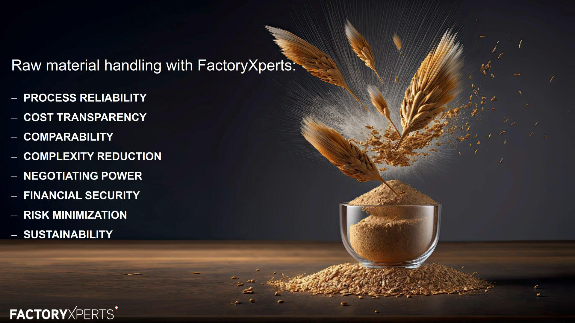 A glass bowl filled with grain powder sits on a wooden surface. Golden wheat stalks rise and scatter grain above the bowl. Text lists benefits of FactoryXperts for raw material handling, including reliability, security, and sustainability.