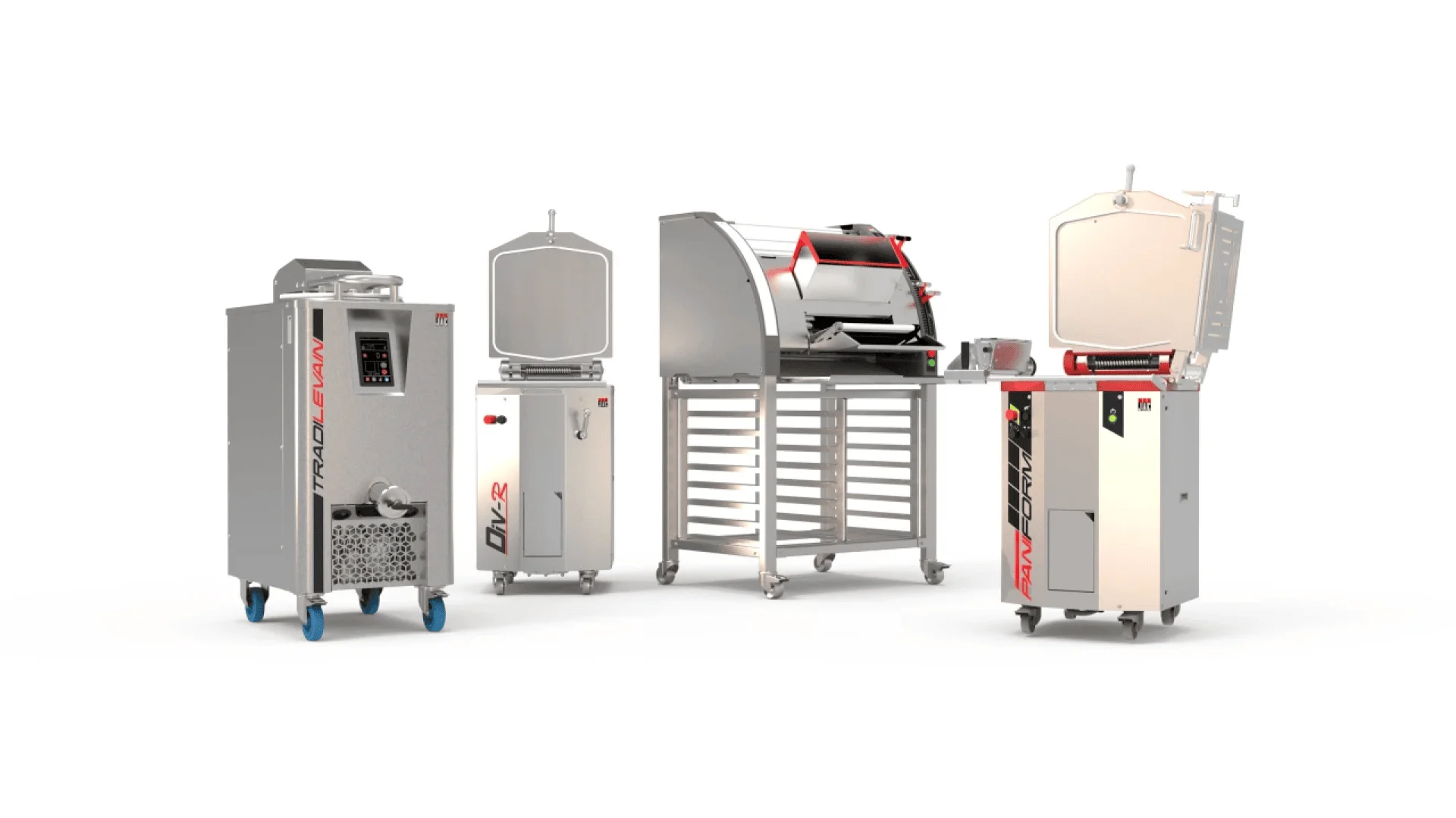 Four pieces of industrial kitchen equipment, including ovens and a cabinet on wheels, are displayed on a white background. The machines are silver with red and black accents.