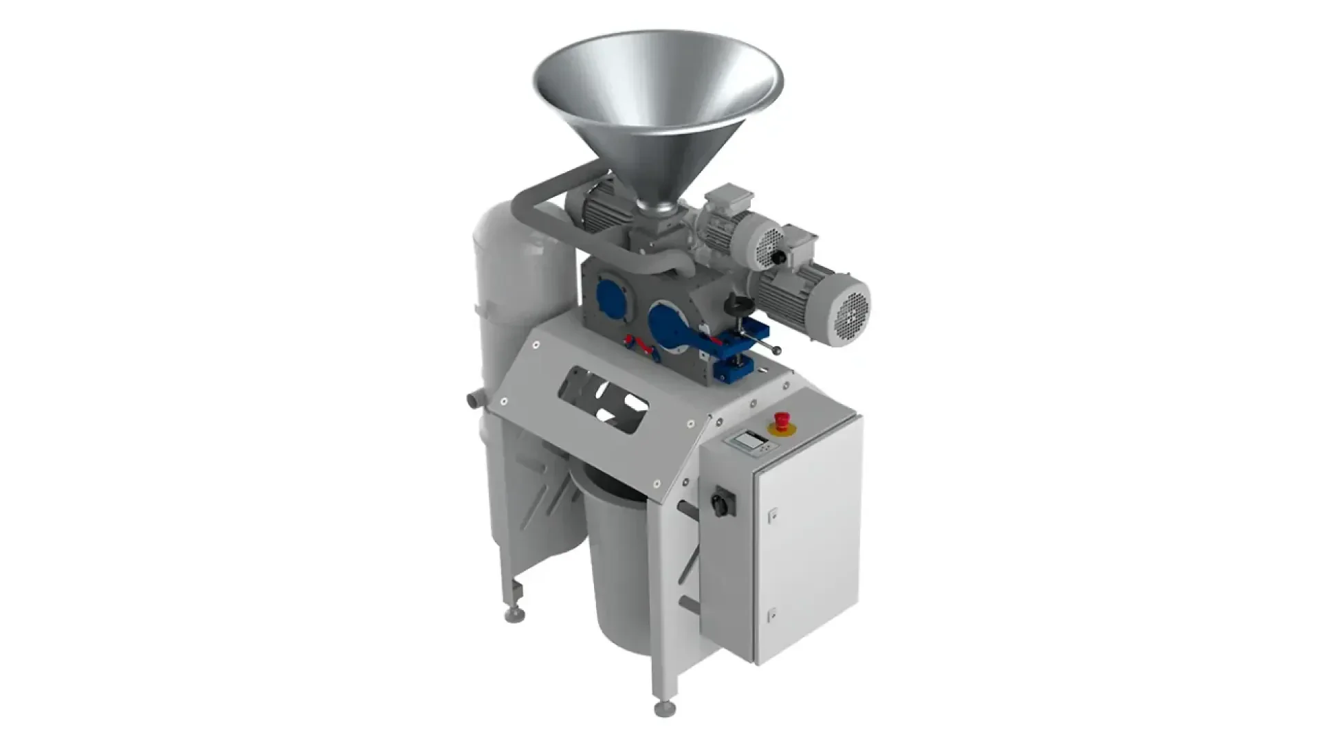 A metal industrial machine with a large funnel on top, control panel on the side, and various gears and components, designed for food or material processing, standing on four legs.