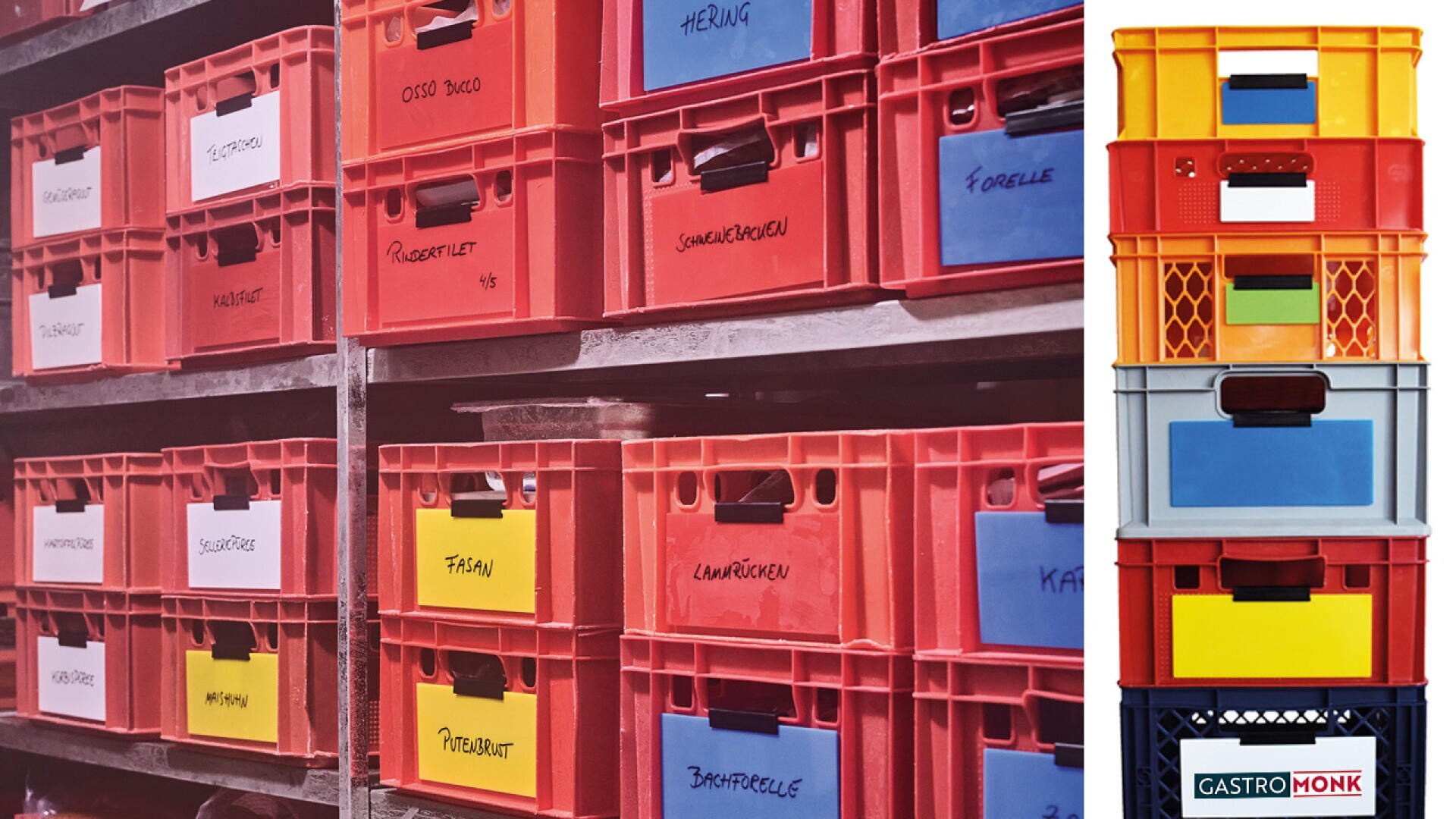 Rote und orangefarbene Plastikkisten mit handgeschriebenen Etiketten sind auf Metallregalen gestapelt. Auf der rechten Seite ist ein vertikaler Stapel bunter Kisten, darunter orange, rot, gelb, blau und schwarz, vor einem weißen Hintergrund zu sehen.