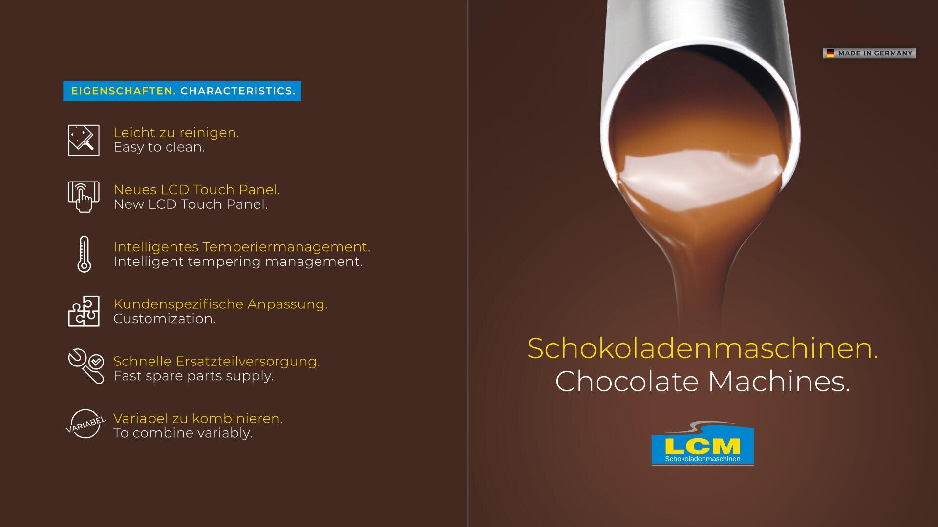 Eine Broschüre für LCM-Schokoladenmaschinen enthält Symbole und Texte, die Merkmale wie einfache Reinigung, LCD-Touch-Panel, intelligente Temperierung, kundenspezifische Anpassung und schnelle Ersatzteilversorgung hervorheben, sowie ein Schokoladengussbild und ein Firmenlogo.