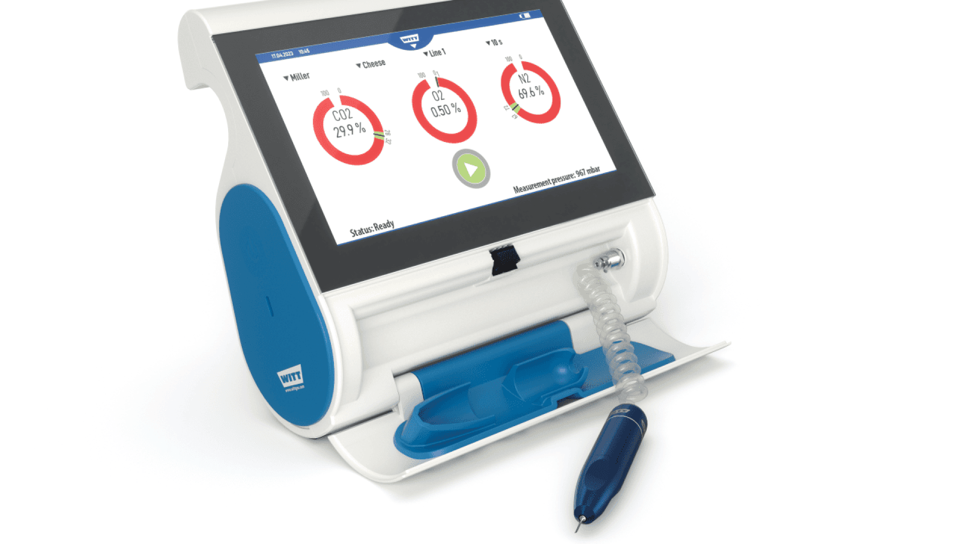 A medical diagnostic device with a touchscreen displaying graphs and data, a blue and white casing, and a handheld probe attached to a flexible tube resting in a holder at the base.