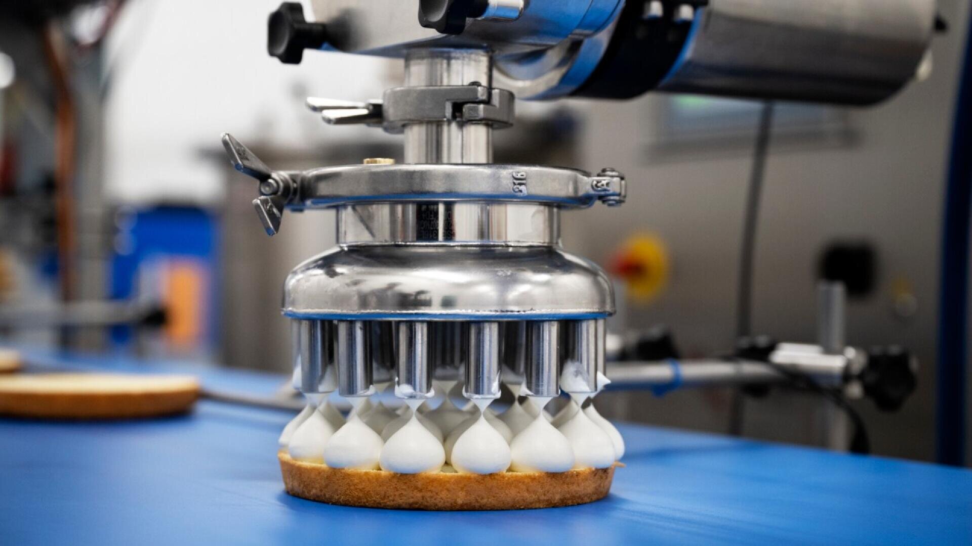In einer Lebensmittelverarbeitungsanlage trägt eine Maschine gleichmäßige Kleckse weißer Creme auf einen Tortenboden auf einem blauen Förderband auf.