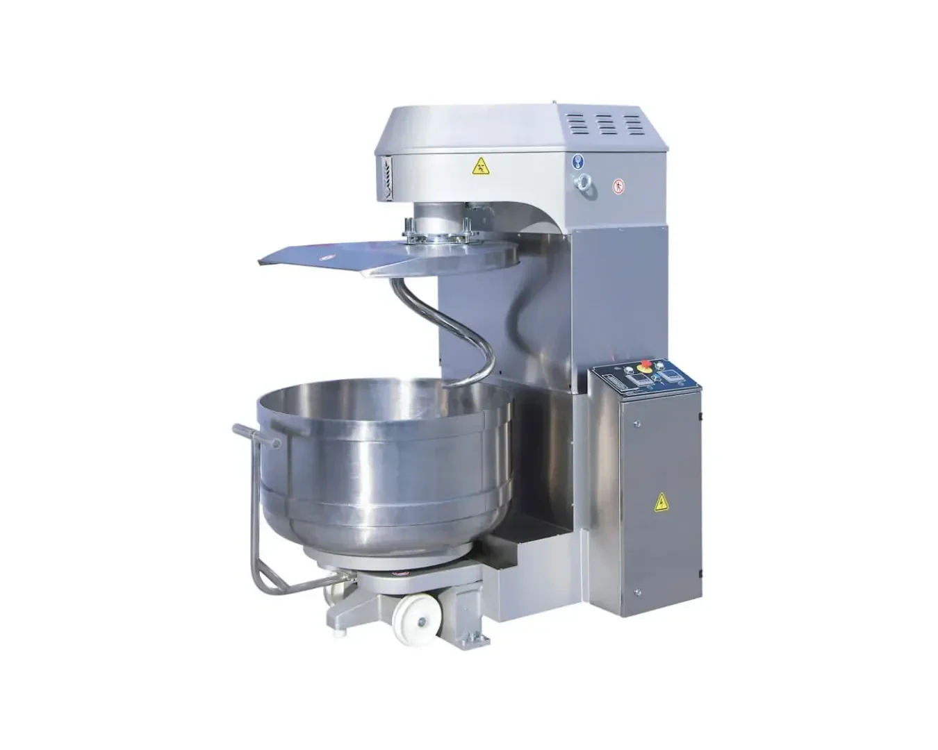 A large industrial dough mixer with a stainless steel bowl, mixing arm, and control panel, designed for commercial bakery use, shown against a plain white background.