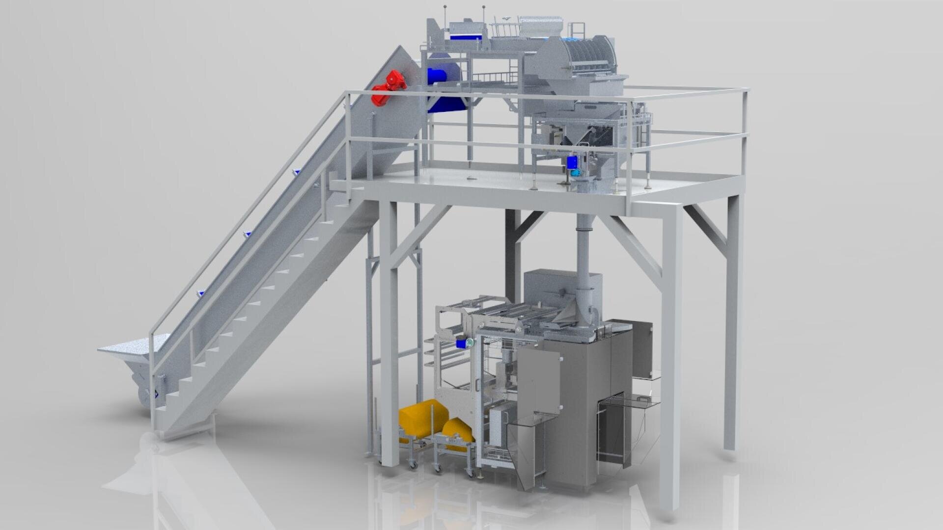 Eine 3D-gerenderte Industriemaschine mit einer Metalltreppe auf der linken Seite, die zu einer erhöhten Plattform führt, Maschinen mit blauen Akzenten auf der Oberseite und zusätzlichen Geräten und Rohrleitungen unterhalb der Plattform.