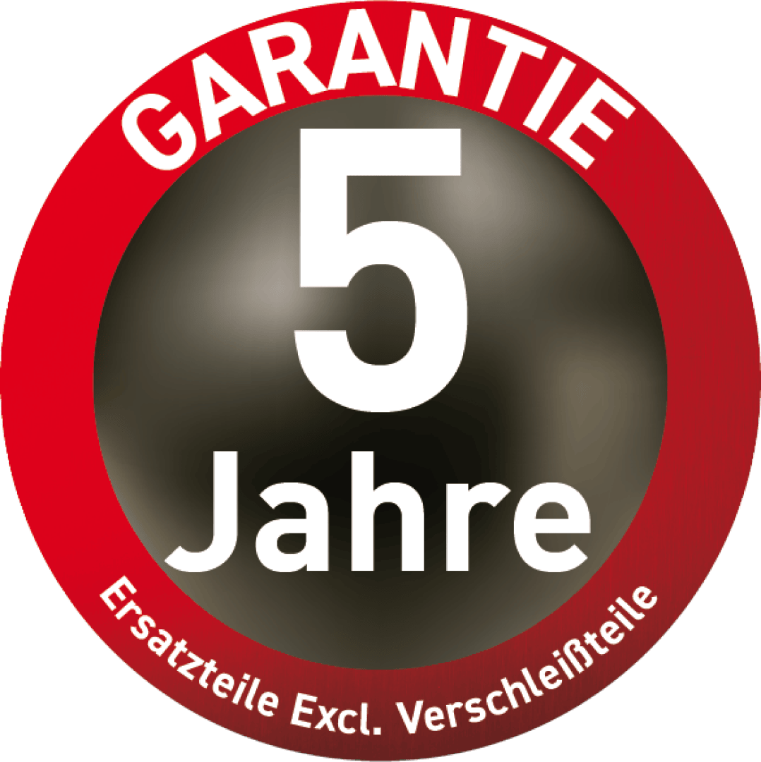 Ein kreisförmiges Abzeichen mit einer roten Umrandung, auf der oben GARANTIE und unten Ersatzteile Excl. Verschleißteile steht. Die Mitte hat eine große weiße 5 Jahre auf einem dunklen Hintergrund.