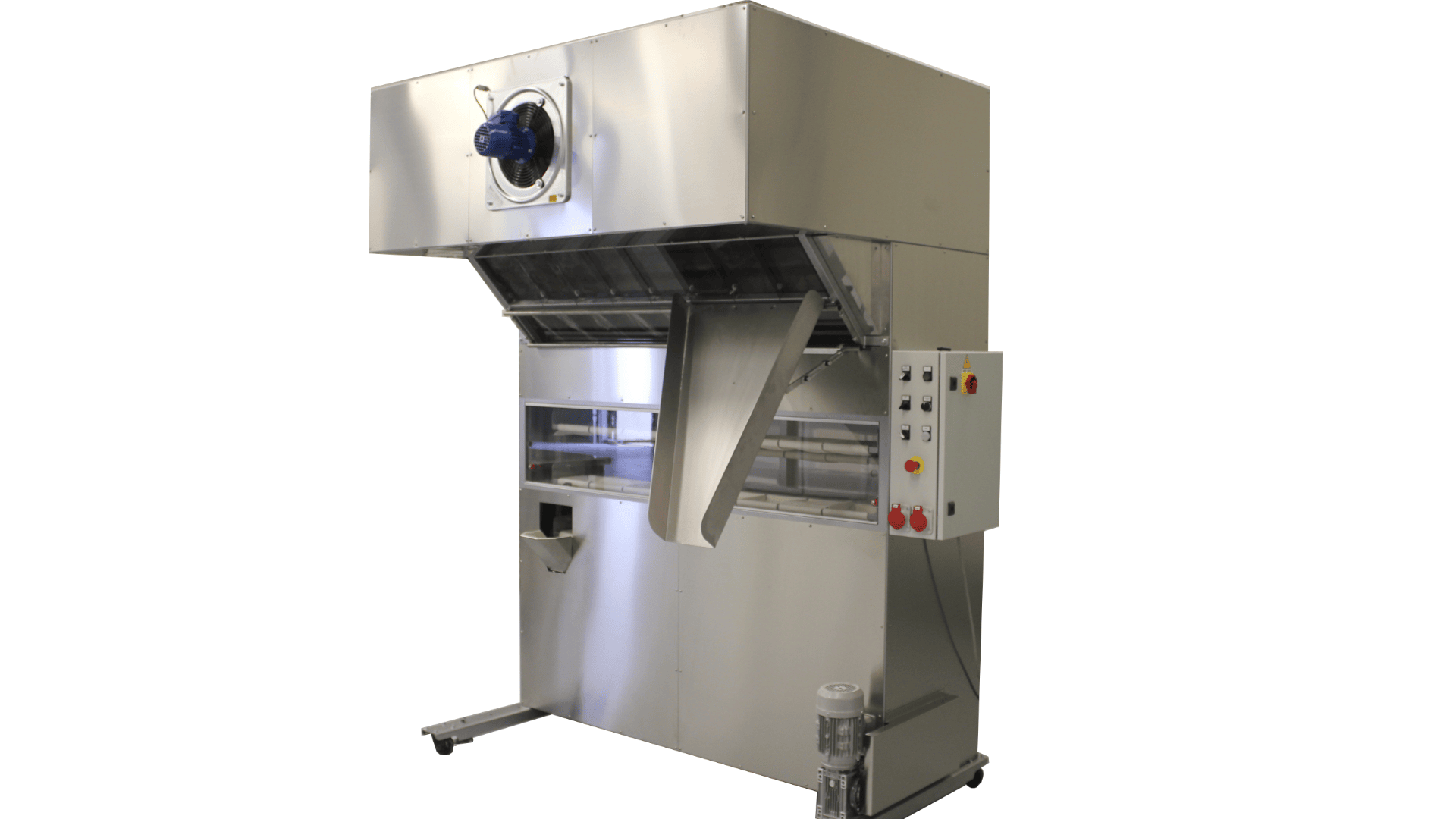 A large stainless steel industrial machine with a conveyor belt, control panel with buttons on the right side, and a fan at the top, used for food or material processing, isolated on a white background.