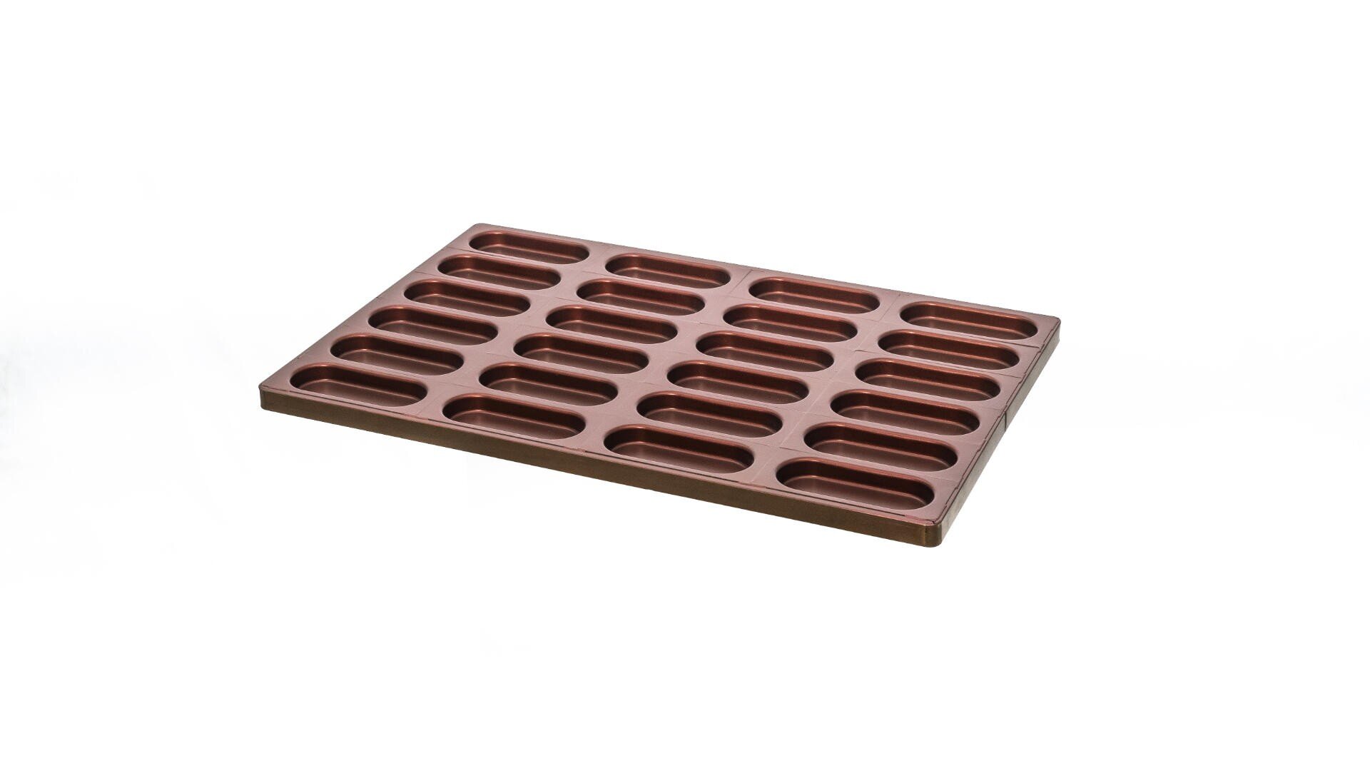 A brown, rectangular baking mold with twenty oval-shaped cavities, arranged in four rows of five, placed on a white background.