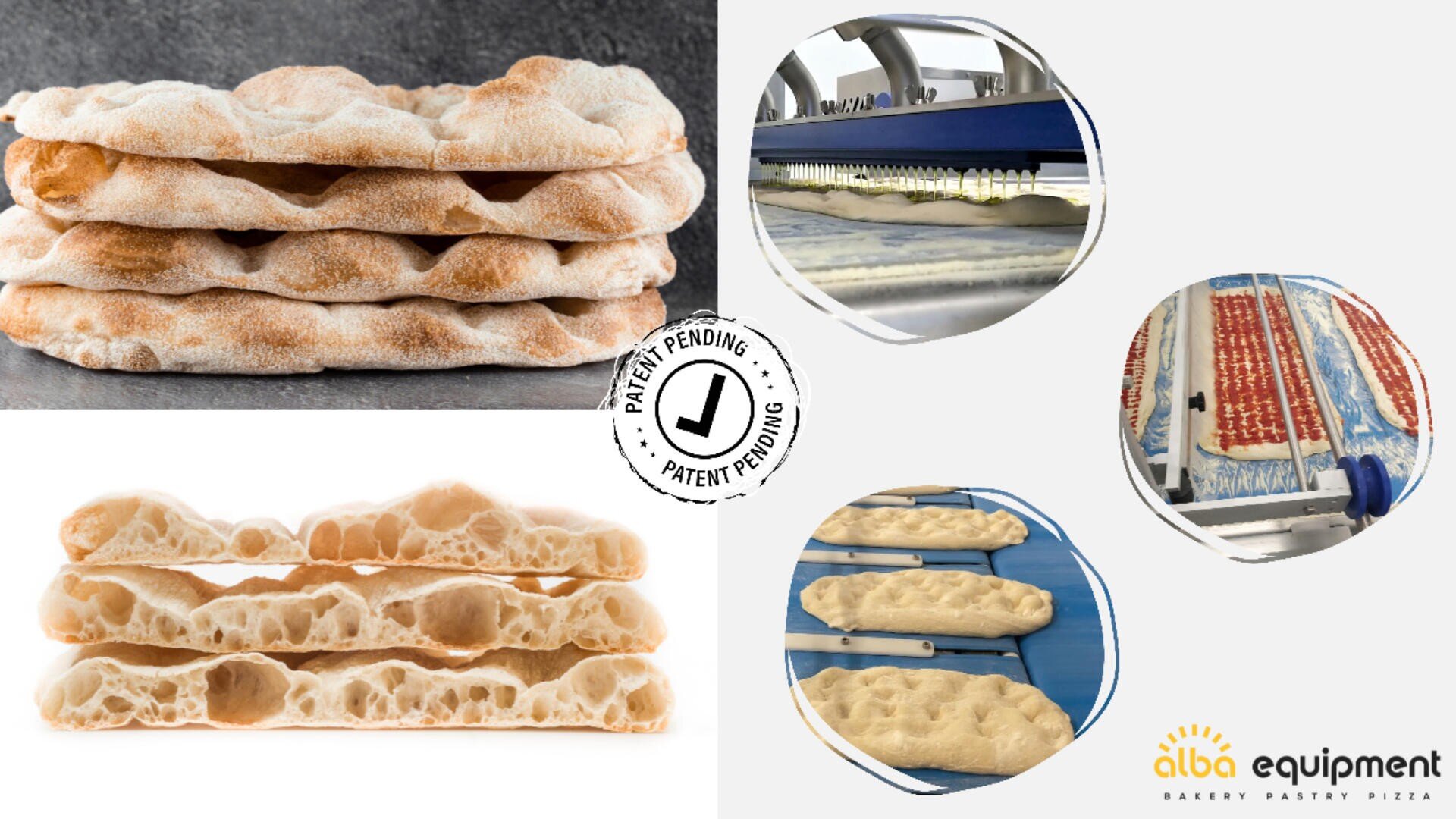 Links vier gestapelte und drei geschnittene Stücke luftiges Fladenbrot; rechts drei Fotos von Industriemaschinen zur Teigverarbeitung. Die Logos „Patent Pending“ und „Alba Equipment“ sind ebenfalls zu sehen.