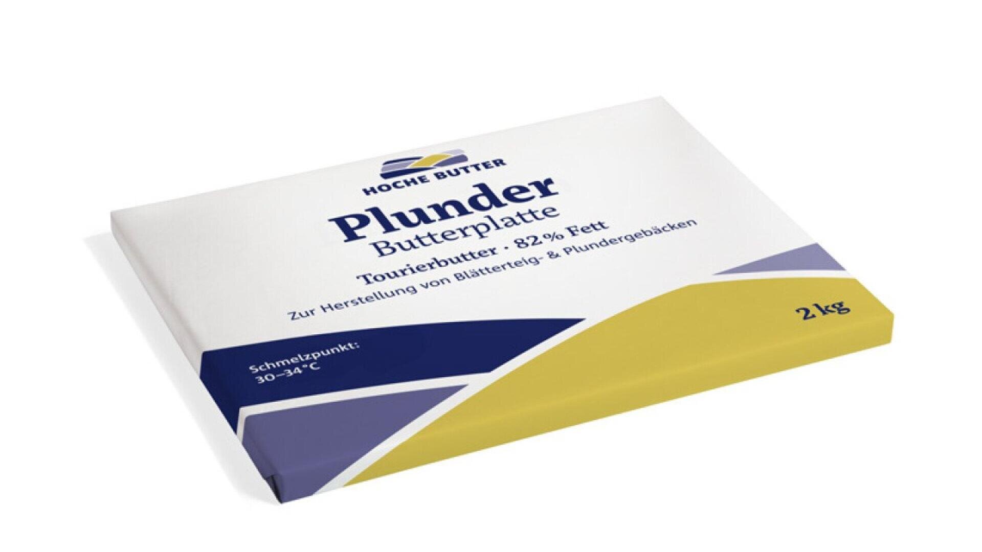 A 2kg package of Hoche Butter Plunder Butterplatte, labeled as 82% fat tourierbutter for making pastries. The packaging is white with blue and yellow accents.