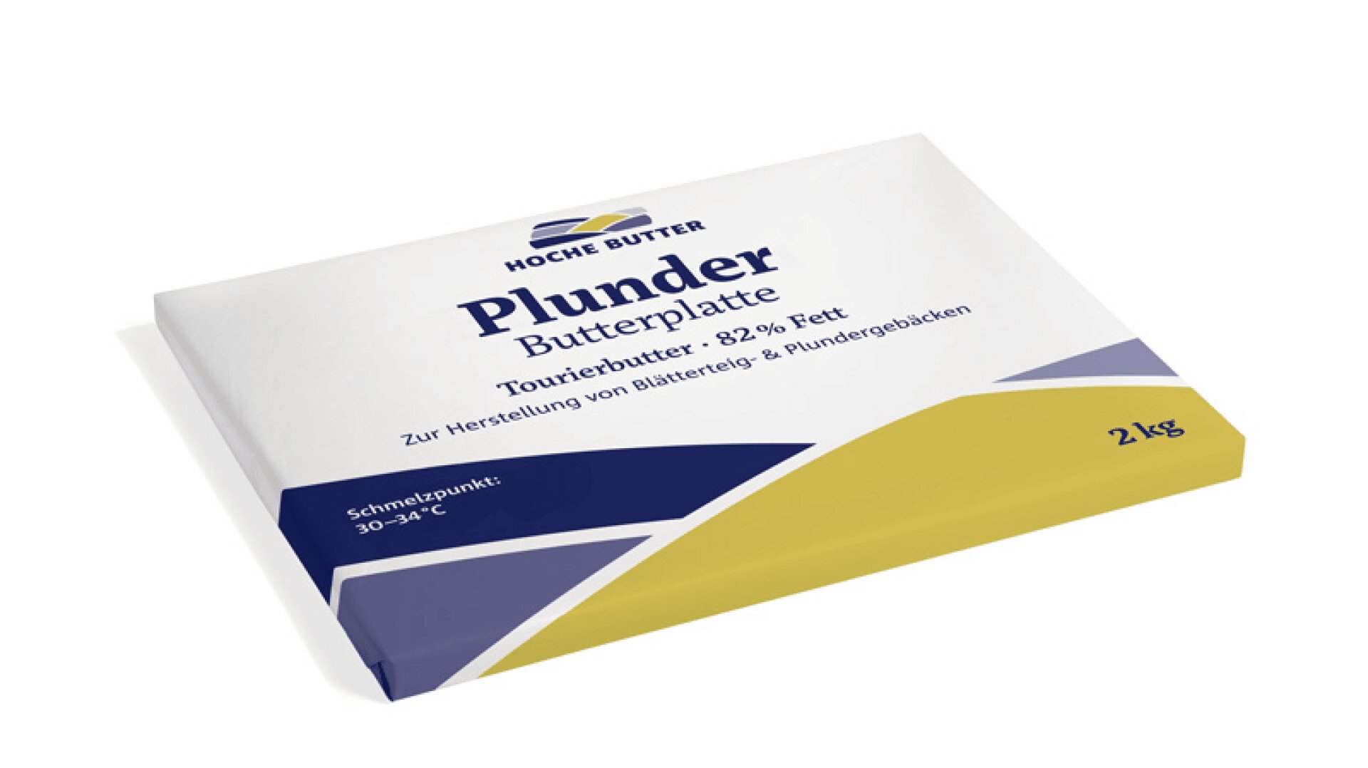 Eine rechteckige 2 kg-Verpackung der Hoche Butter Plunder Butterplatte, die mit 82% Fett angegeben ist und zum Backen von Gebäck verwendet wird. Die weiß-gelbe Verpackung ist mit blauen Akzenten und deutschem Text versehen.