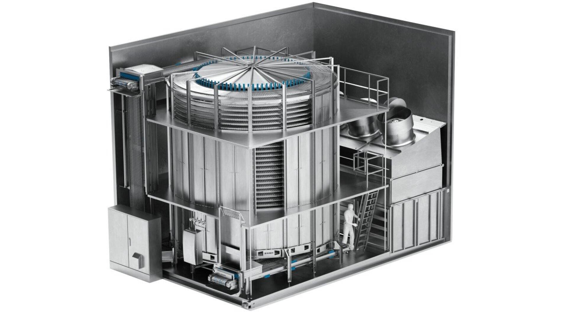 A stainless steel industrial spiral freezer system is shown in a cutaway view, displaying stacked conveyor belts, internal fans, and access platforms within a large rectangular enclosure.