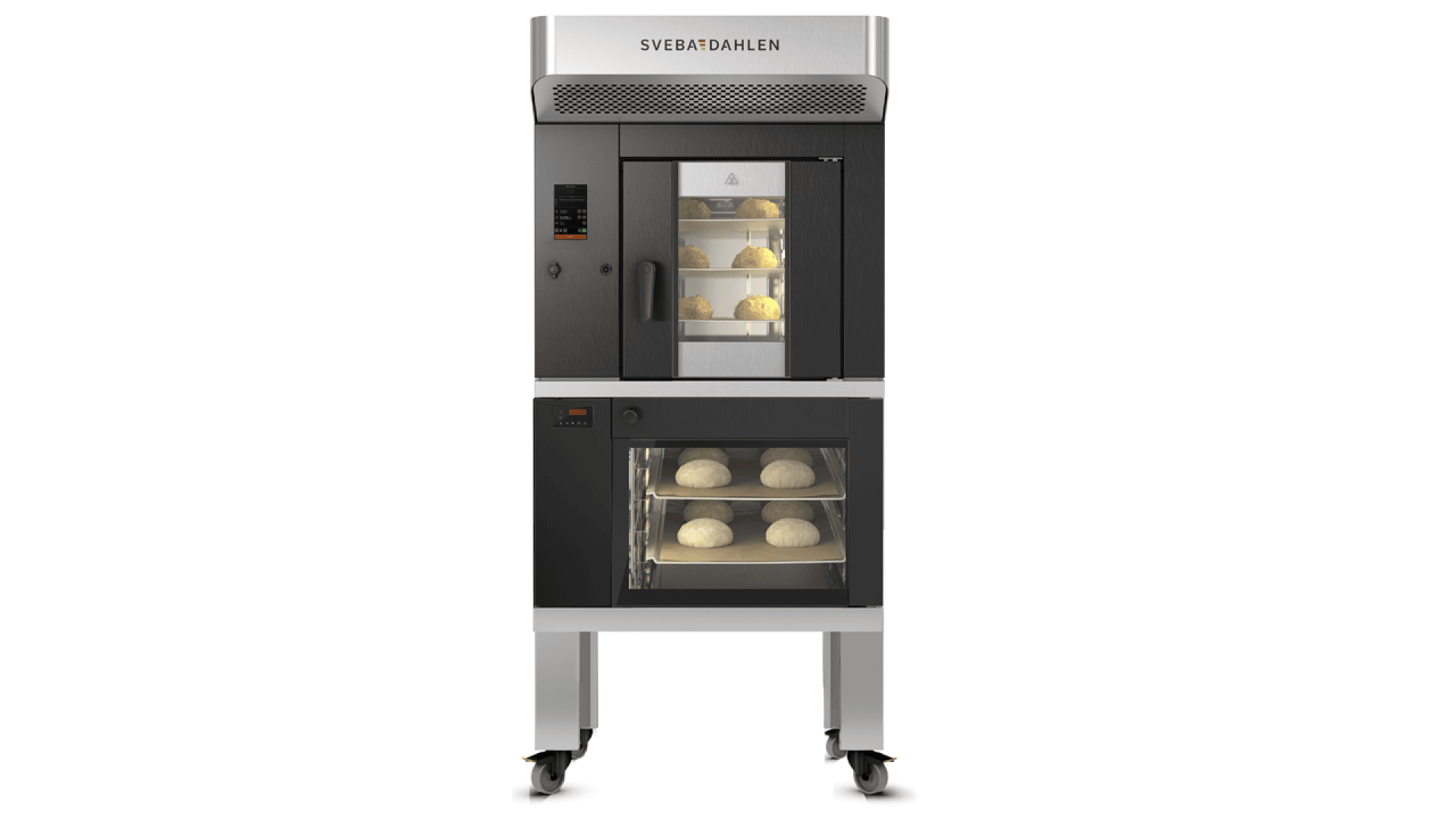 A professional baking oven with digital controls, displaying trays of dough inside both the upper baking chamber and the lower proofing chamber; branding Sveba Dahlen visible at the top.