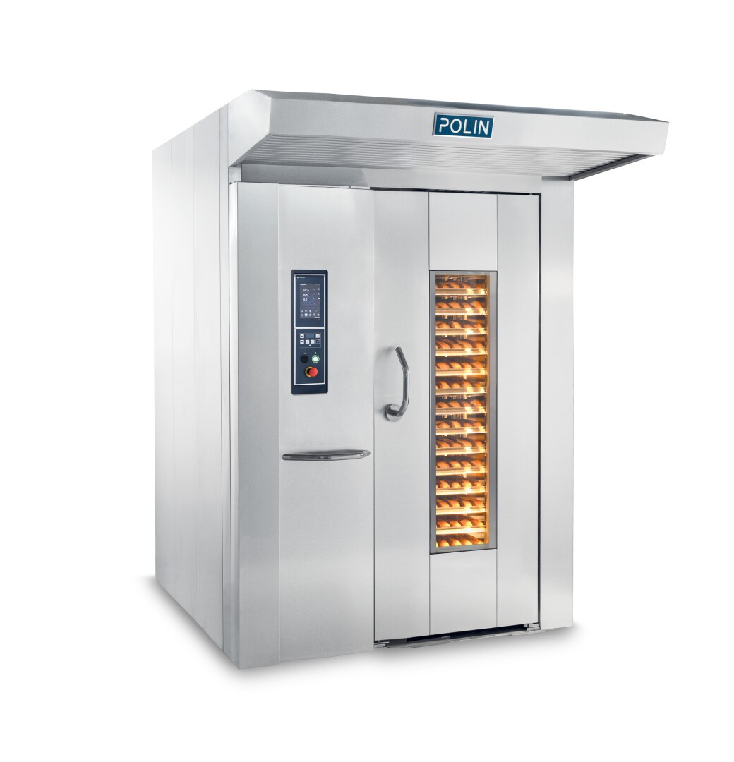 A large industrial stainless steel oven with a glass door showing trays of baked goods inside. The oven has control panels on the left and a handle on the door, with the brand Polin displayed on top.