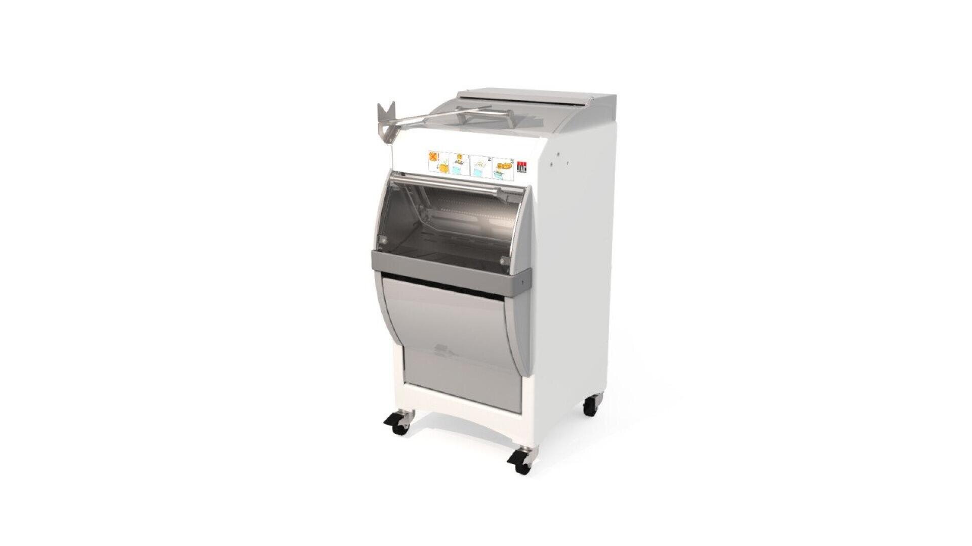 A commercial bread slicer machine with a transparent top cover, control buttons, and a lower compartment, standing on four wheels against a white background.
