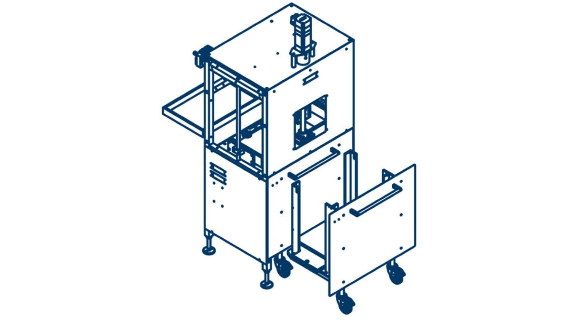 Strichzeichnung einer kastenförmigen Industriemaschine auf Rädern mit offener Tür und Ablagefläche, die eine sichtbare vertikale Säule und verschiedene Platten aufweist.