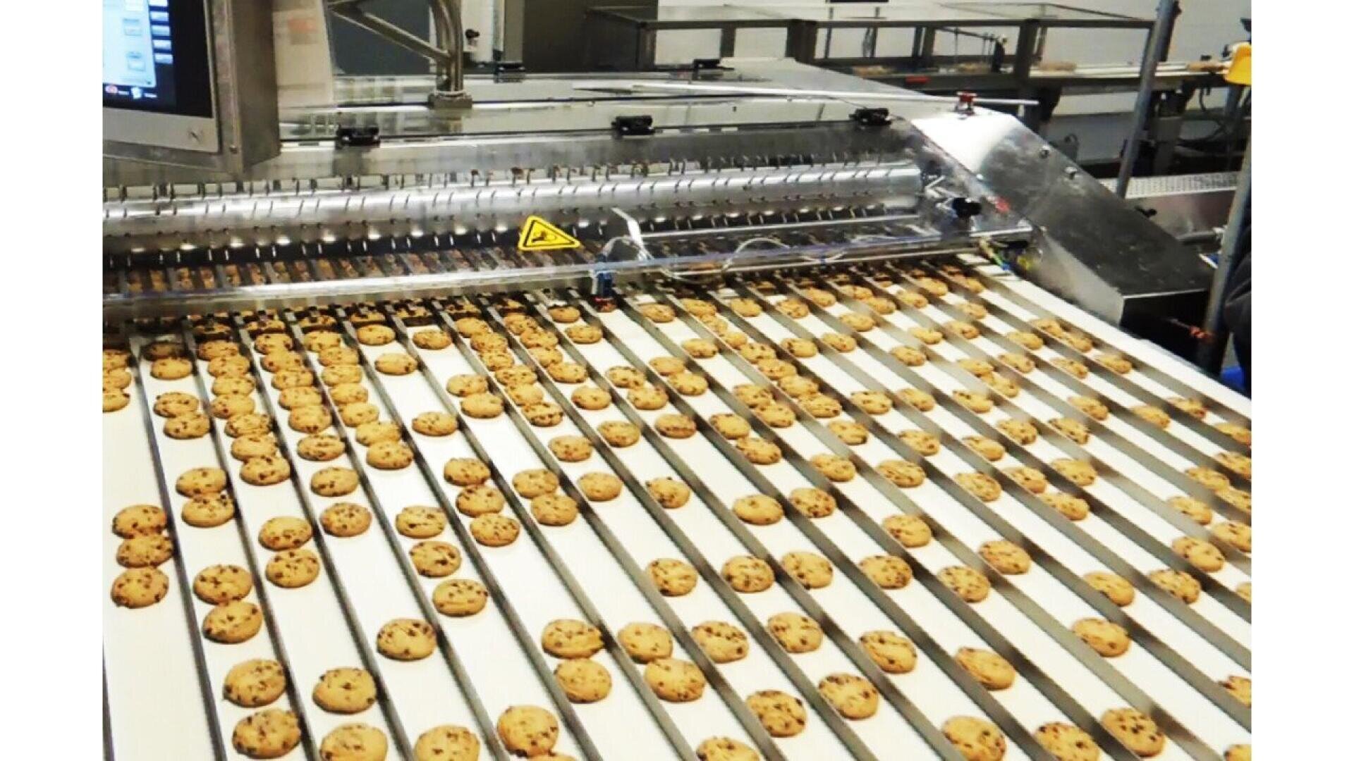 In einer Fabrik bewegen sich Reihen von Schokoladenkeksen über metallene Förderbänder, während im Hintergrund Maschinen die Kekse sortieren und verarbeiten.