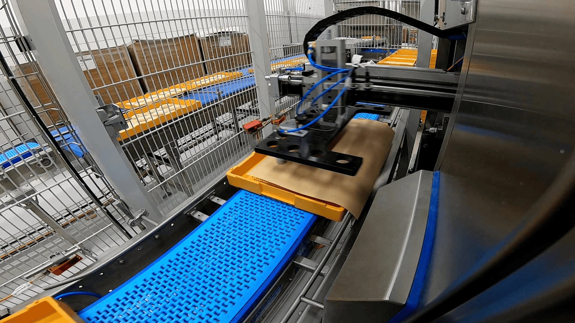 A robotic arm in a factory places a wrapped package onto a yellow plastic tray moving along a blue conveyor belt, surrounded by metal fencing and industrial equipment.