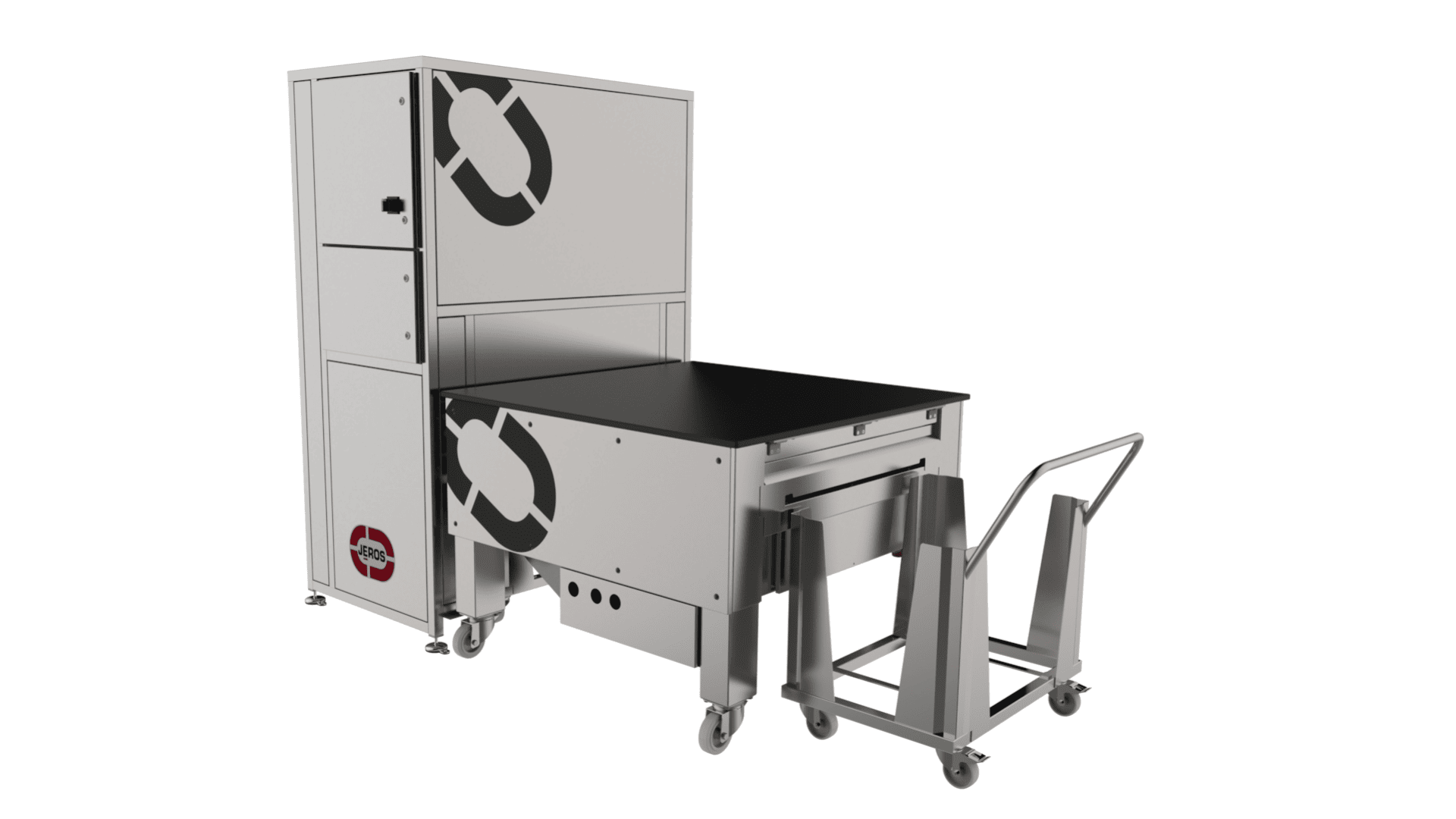Eine große, industrielle Metallmaschine mit Rädern, einer schwarzen Tischplatte und einem Seitenwagen auf einem Gestell mit Rädern. Die Maschine hat runde Logos und mehrere Fächer oder Schubladen.