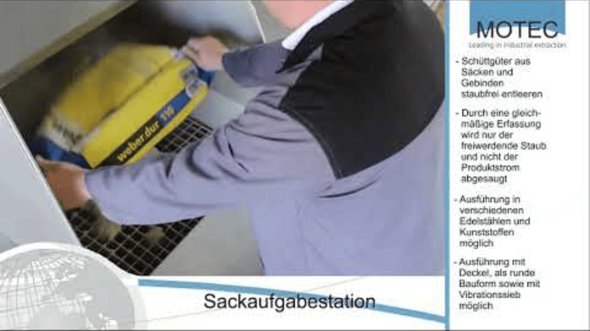 Eine Person leert einen gelben Sack mit der Aufschrift weber.dur 142 in eine industrielle Entnahmestation. Das Bild enthält deutschen Text und ein Logo für MOTEC auf der rechten Seite.