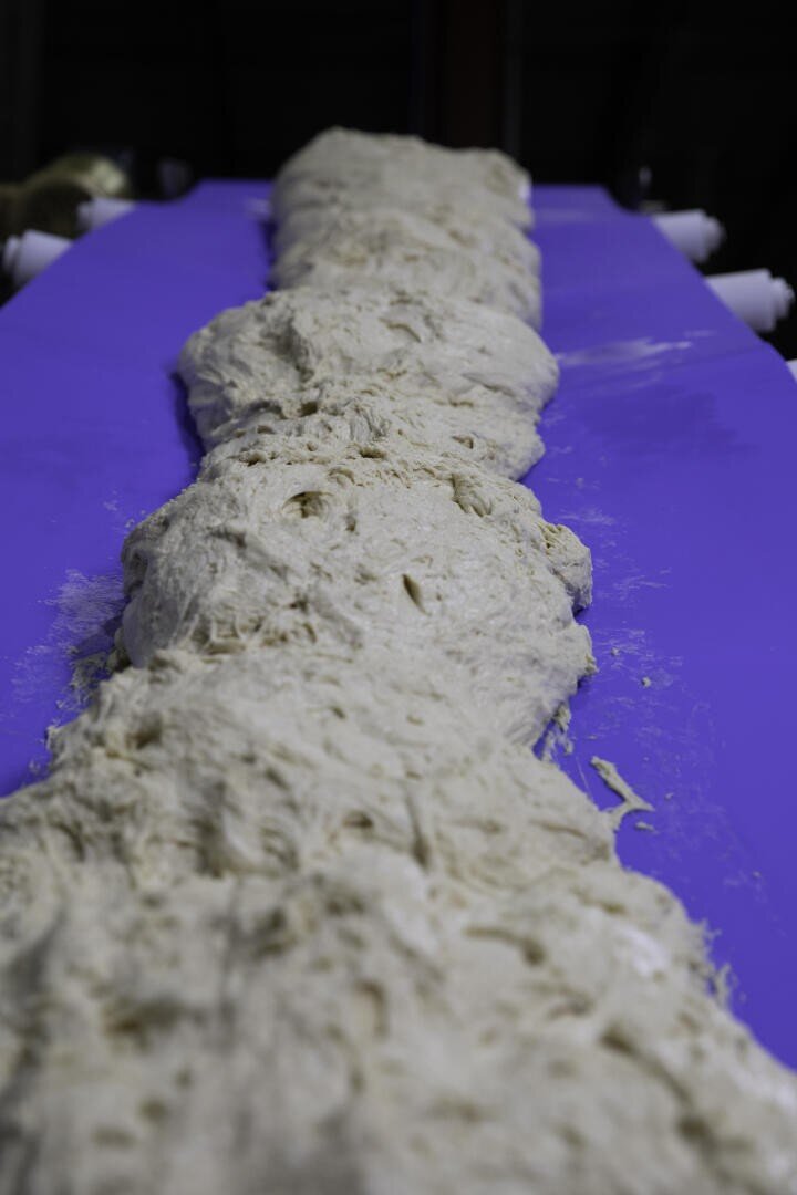 A long, uneven mass of raw dough is spread out on a bright purple conveyor belt, likely in a commercial bakery setting.