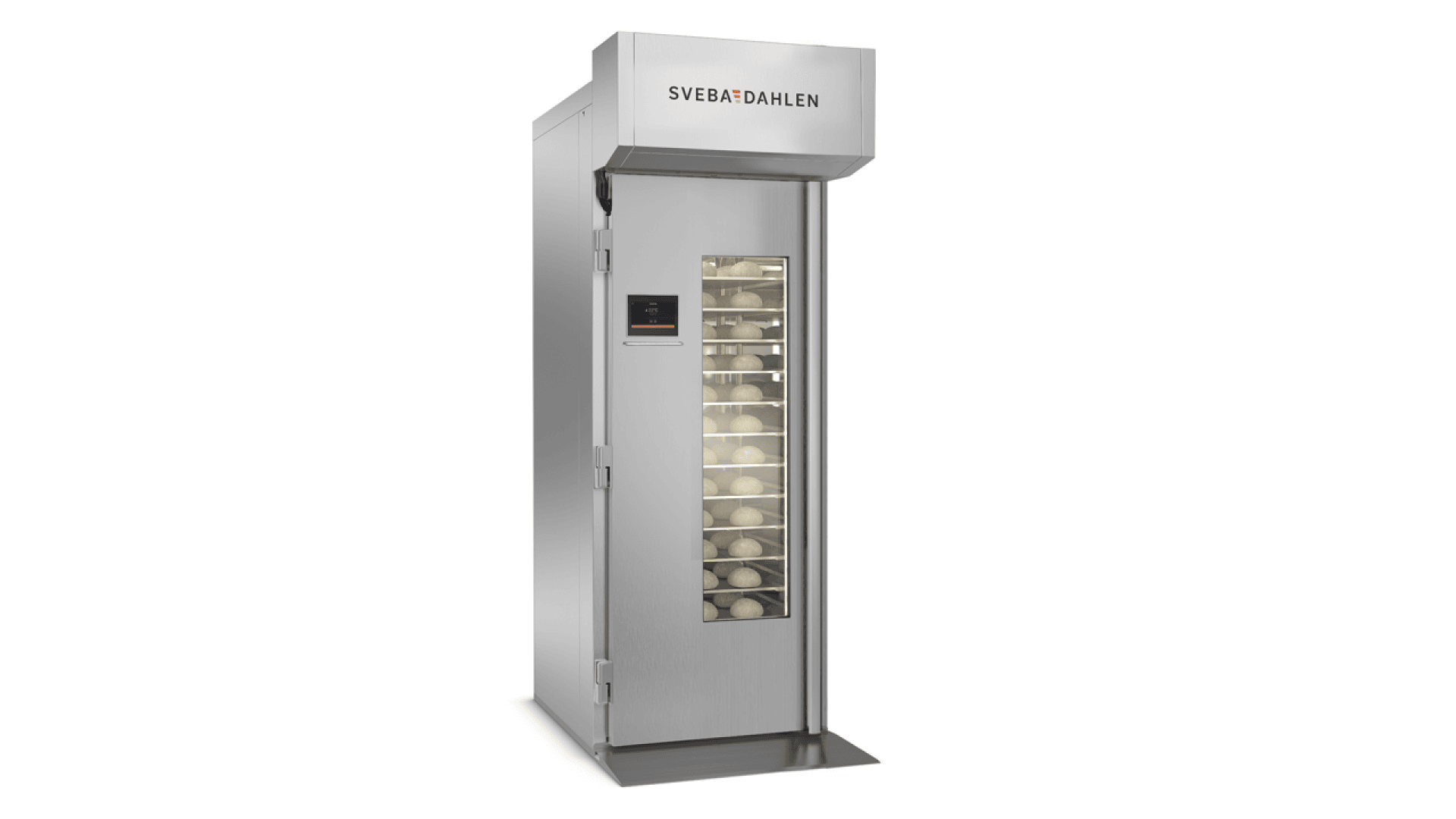 A large, stainless steel commercial bakery oven with a glass door showing multiple trays of dough inside. The oven is labeled “Sveba Dahlen” at the top.