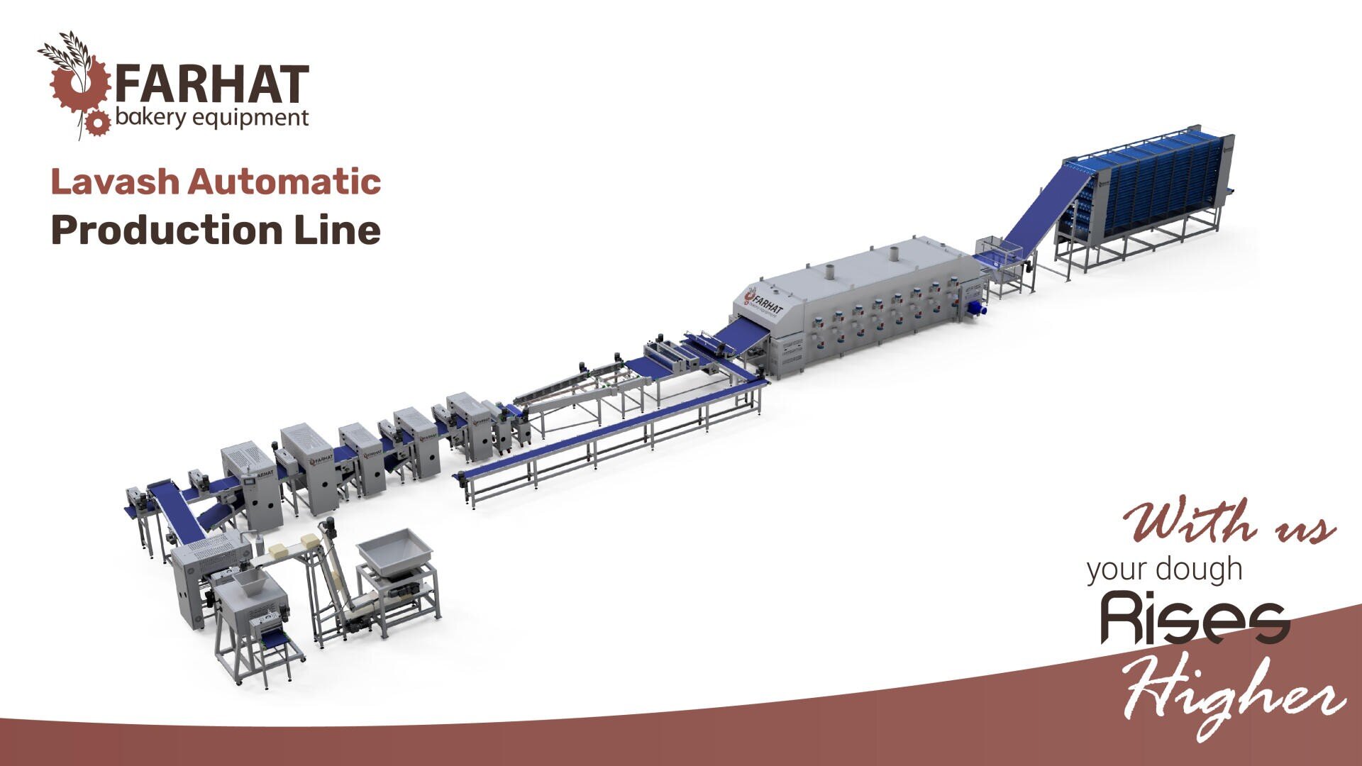 A 3D-rendered layout of an automatic Lavash bread production line with machines, conveyor belts, and an oven, branded with Farhat bakery equipment and the slogan With us your dough rises higher.