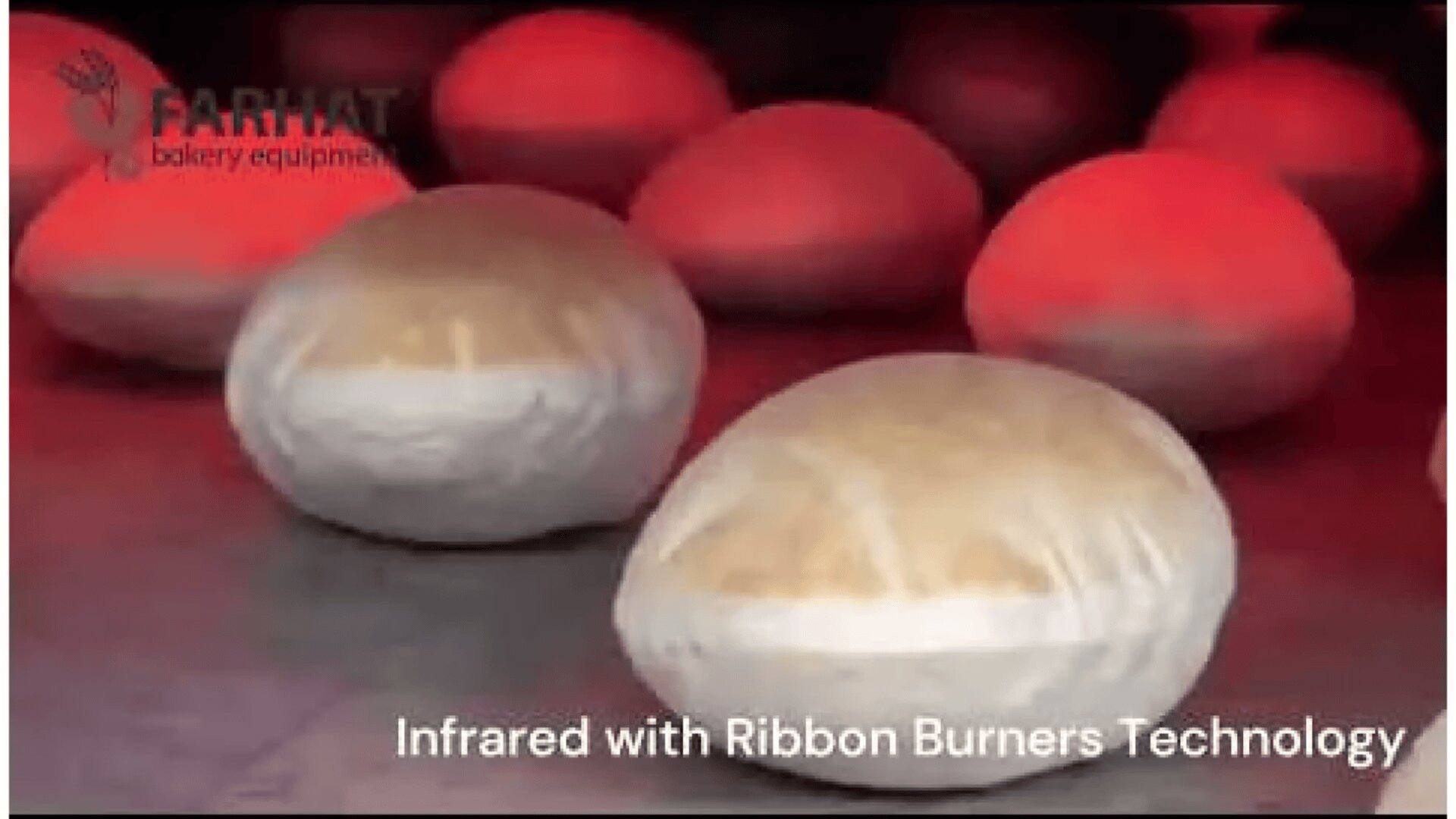 Several round loaves of bread are baking under glowing red infrared lights. The text reads FARHAT bakery equipment and Infrared with Ribbon Burners Technology.