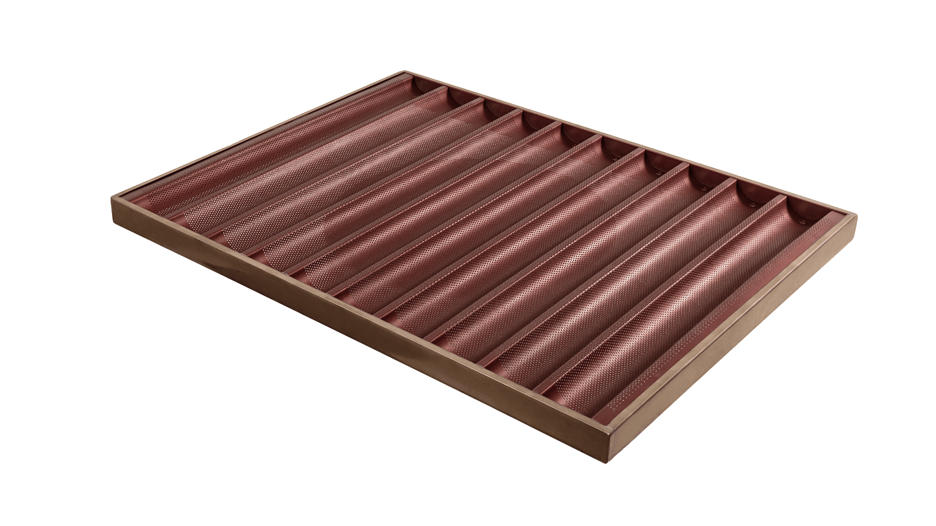 A wooden tray with multiple long, curved grooves, designed for organizing or displaying cylindrical objects like pens or coins, photographed on a plain green background.