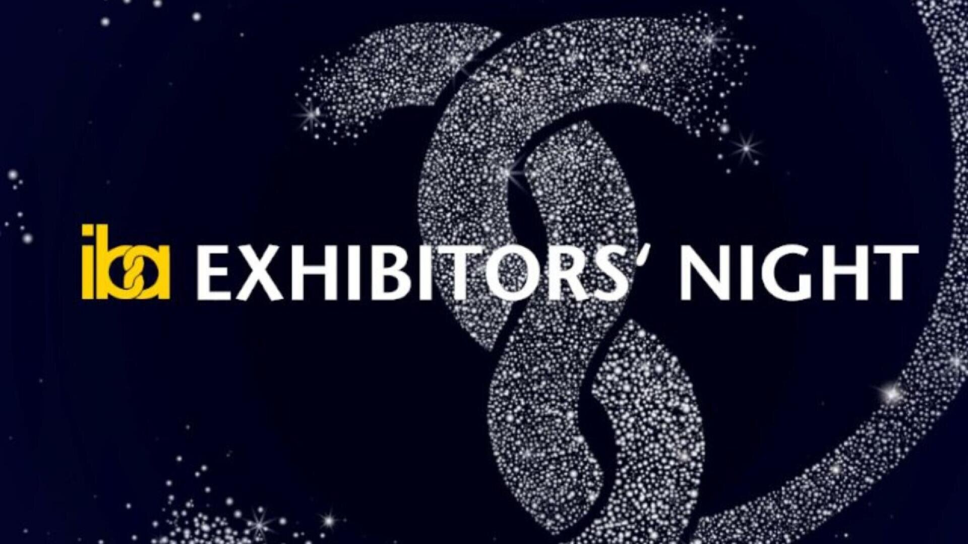 The words iba EXHIBITORS NIGHT are displayed over a dark background with sparkling, intertwined ribbon shapes and scattered star-like dots, evoking a festive, elegant atmosphere.