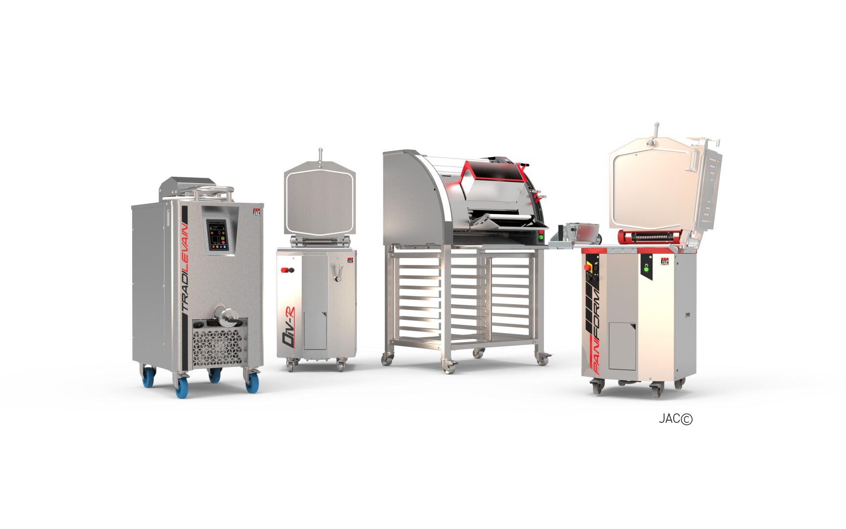 Four industrial kitchen machines with metallic finishes are displayed side by side on a white background. Each machine has various buttons, screens, and doors, designed for food preparation or processing.