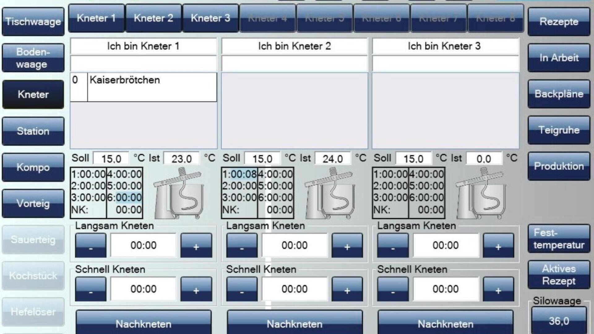 A touchscreen bakery control panel displays three kneading stations with settings for temperature, mixing speed, and time. Buttons for recipes, production, and other functions are visible on the right side.