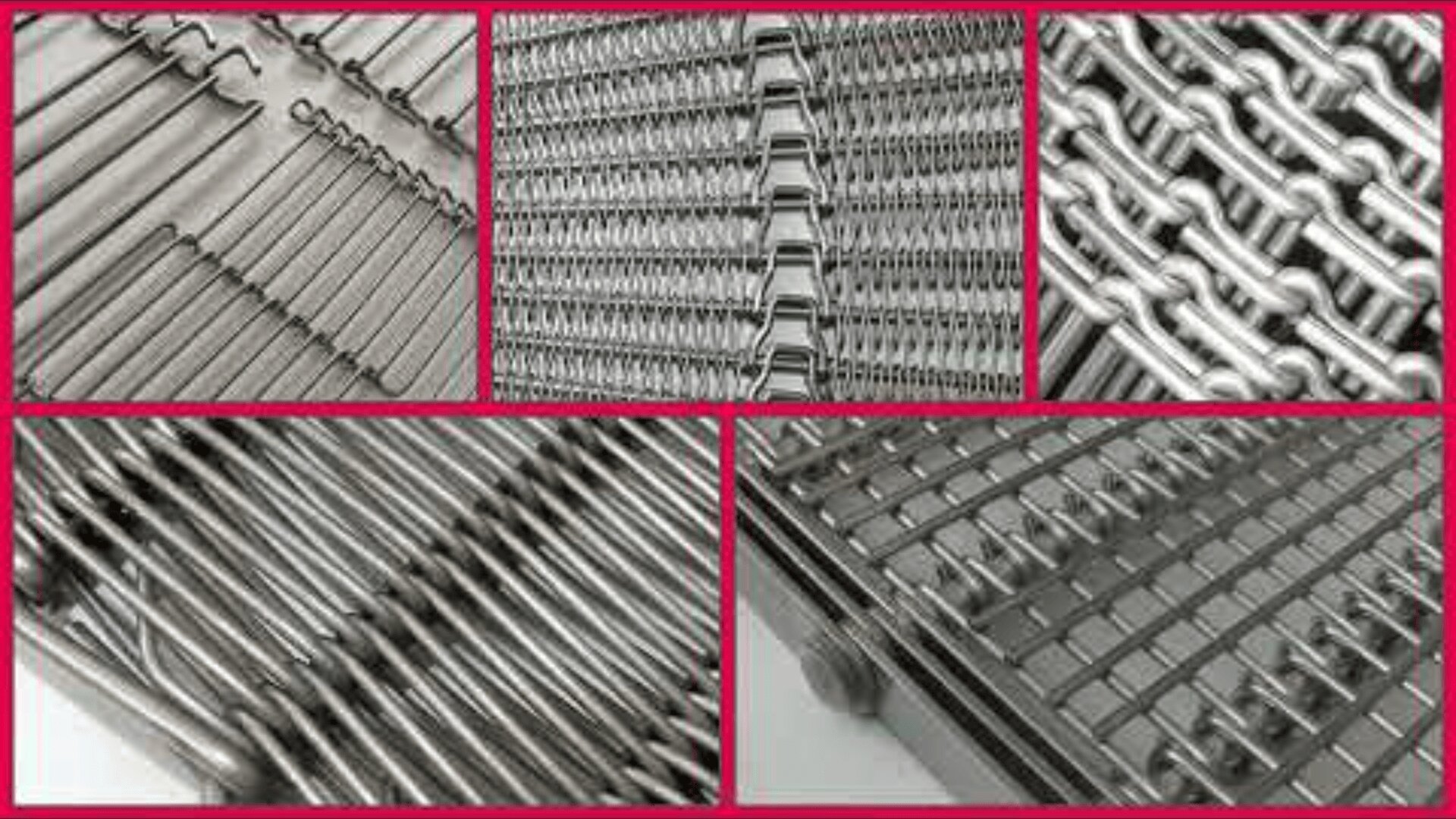 Collage aus fünf verschiedenen Förderbändern aus Metalldrähten, jedes mit unterschiedlichen Web- und Maschenmustern, dargestellt in rechteckigen Rahmen mit roten Rändern.