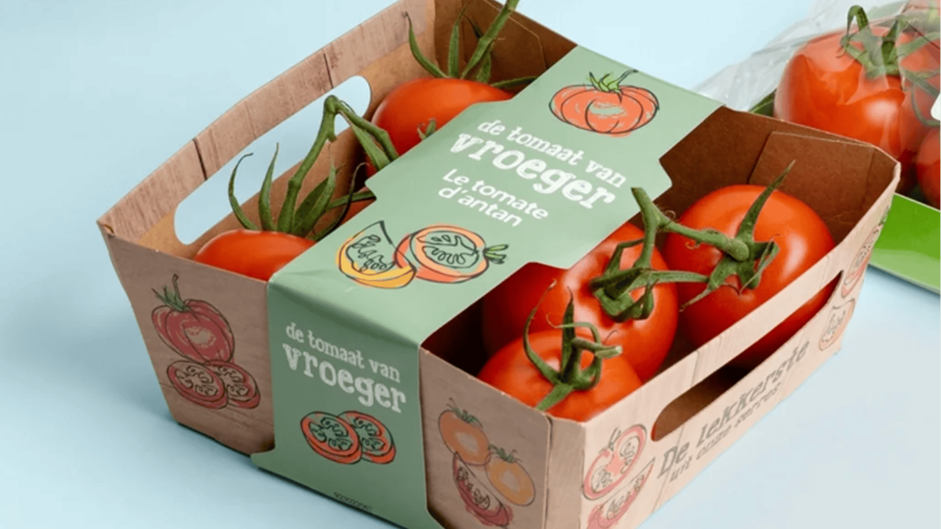 A cardboard carton of vine tomatoes with Dutch and French text and tomato illustrations on the packaging, displayed on a light blue surface.