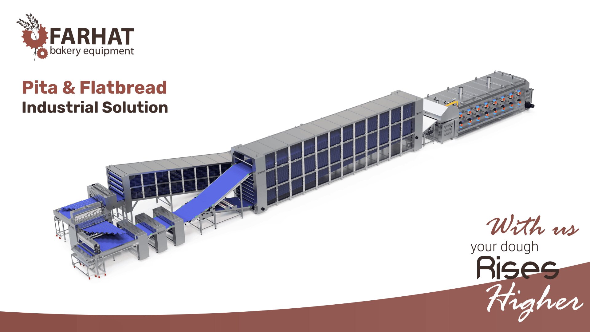 A large industrial pita and flatbread baking machine with conveyors and ovens, branded FARHAT bakery equipment. Text reads: Pita & Flatbread Industrial Solution. With us your dough rises higher.